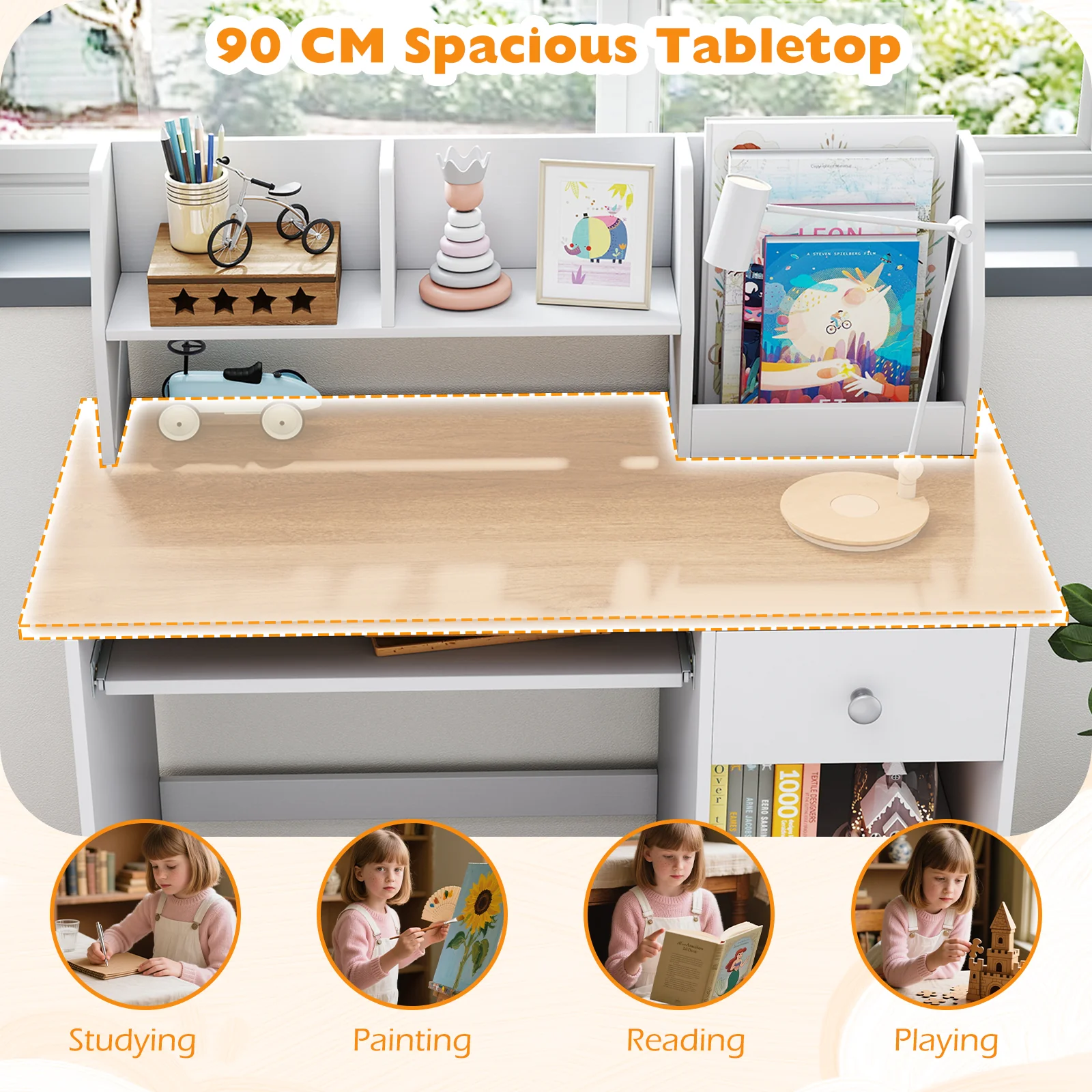 HONEY JOY Kids Study Desk, Children Writing Table w/Hutch - Image 7