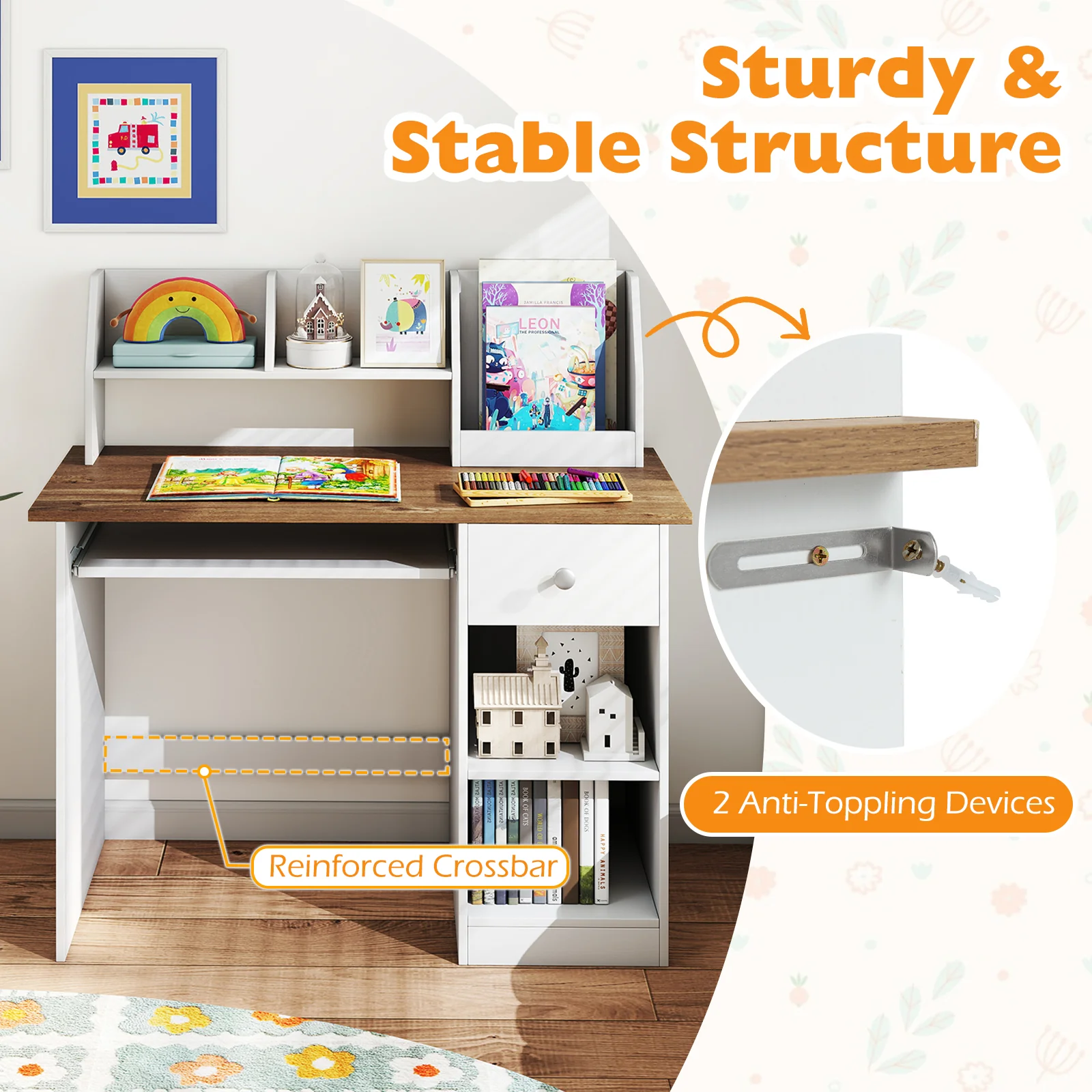 HONEY JOY Kids Study Desk, Children Writing Table w/Hutch - Image 8