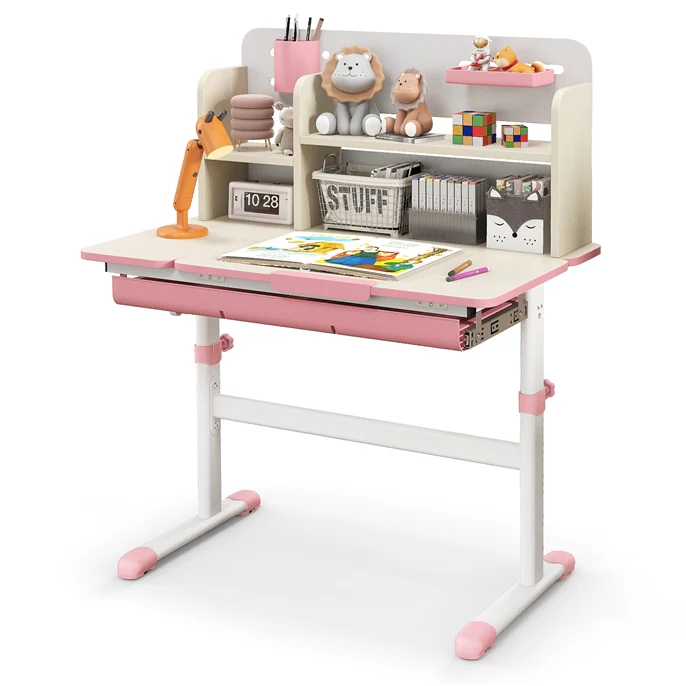 HONEY JOY Kids Study Desk, Height Adjustable Children Writing Table w/Tilt Desktop, Home School Student Learning Desk w/Hutch - Image 10