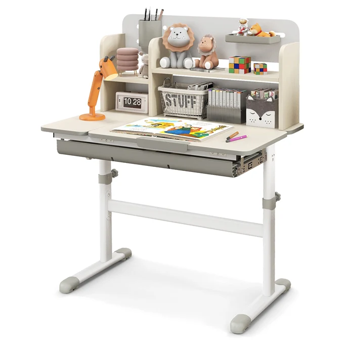 HONEY JOY Kids Study Desk, Height Adjustable Children Writing Table w/Tilt Desktop, Home School Student Learning Desk w/Hutch - Image 11