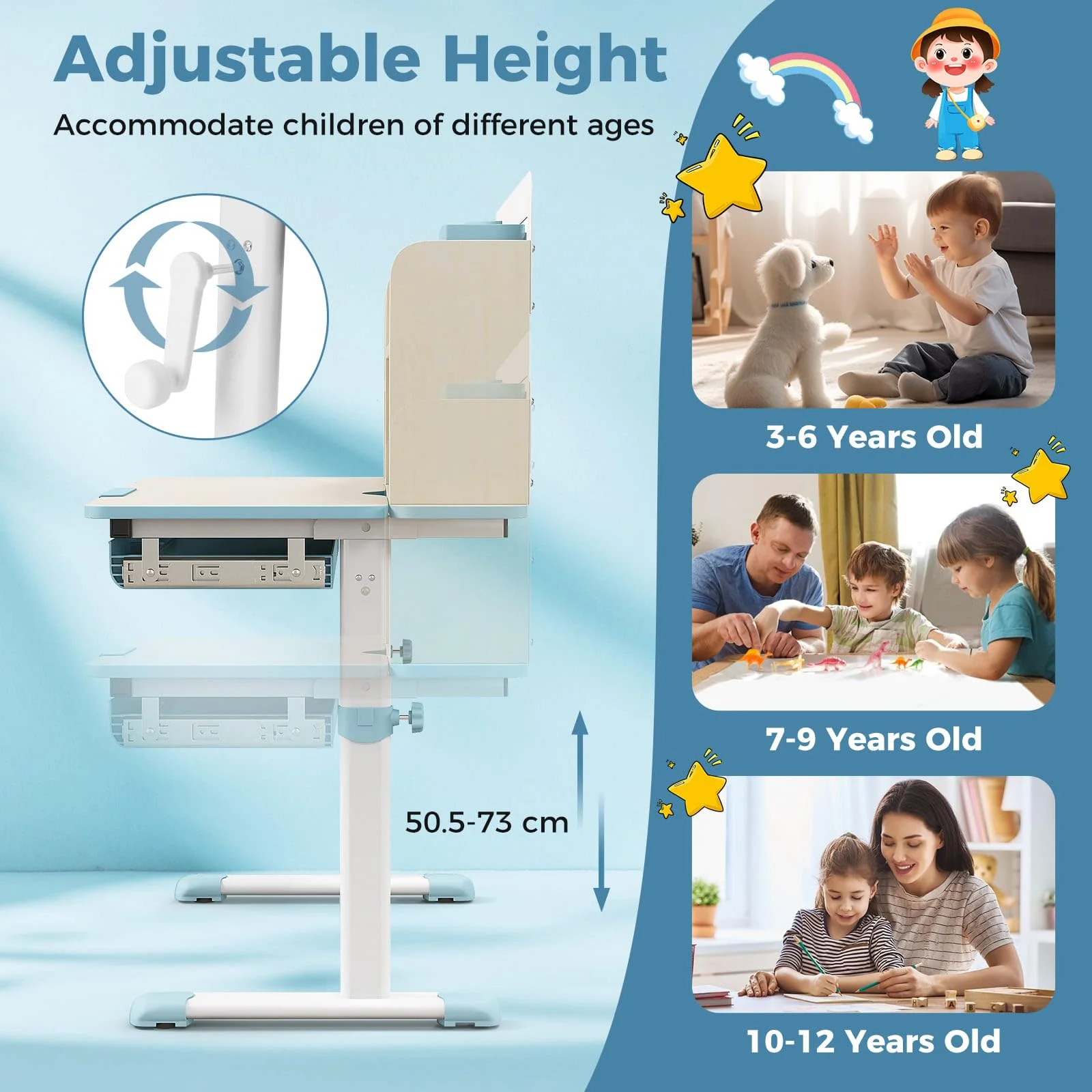HONEY JOY Kids Study Desk, Height Adjustable Children Writing Table w/Tilt Desktop, Home School Student Learning Desk w/Hutch - Image 4