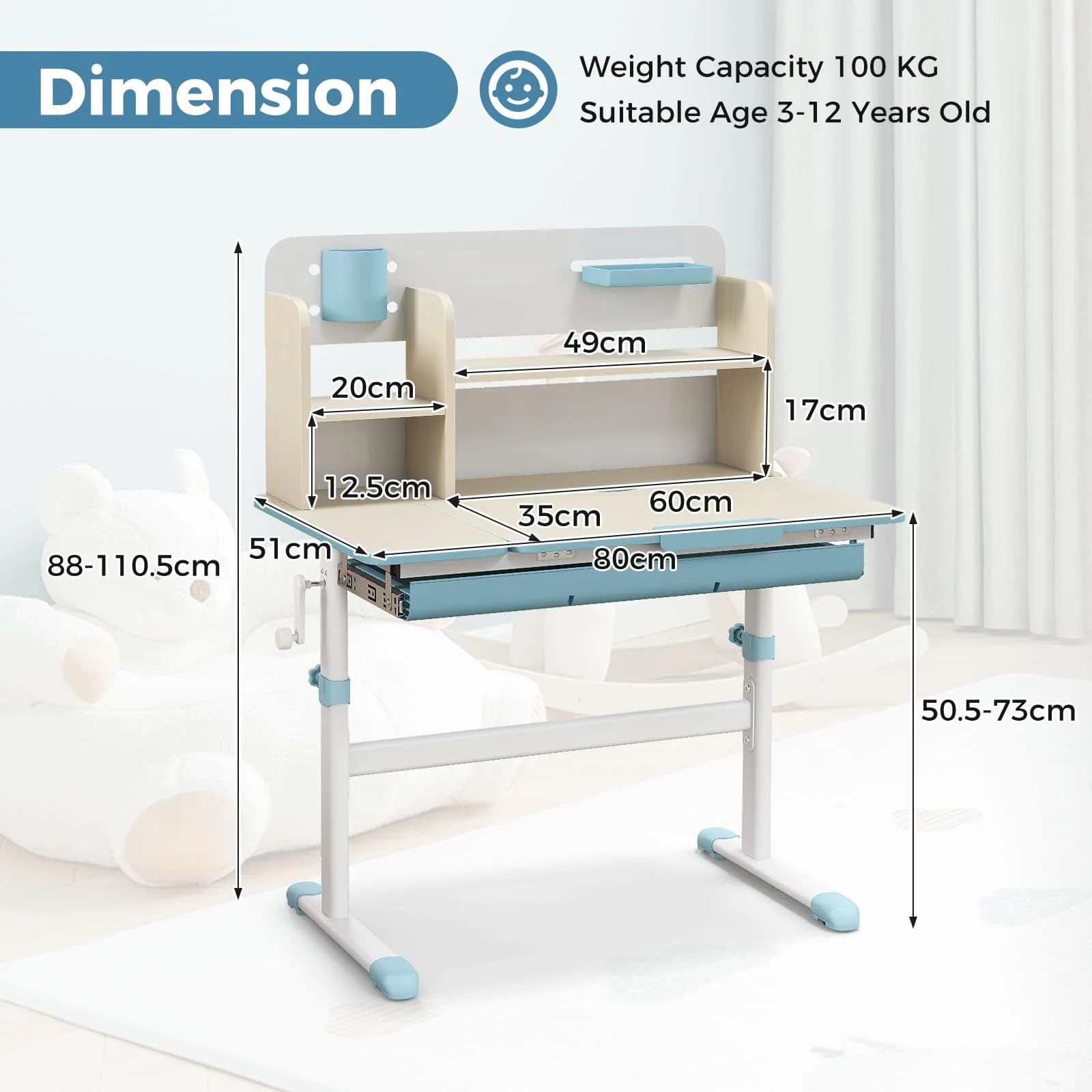 HONEY JOY Kids Study Desk, Height Adjustable Children Writing Table w/Tilt Desktop, Home School Student Learning Desk w/Hutch - Image 6