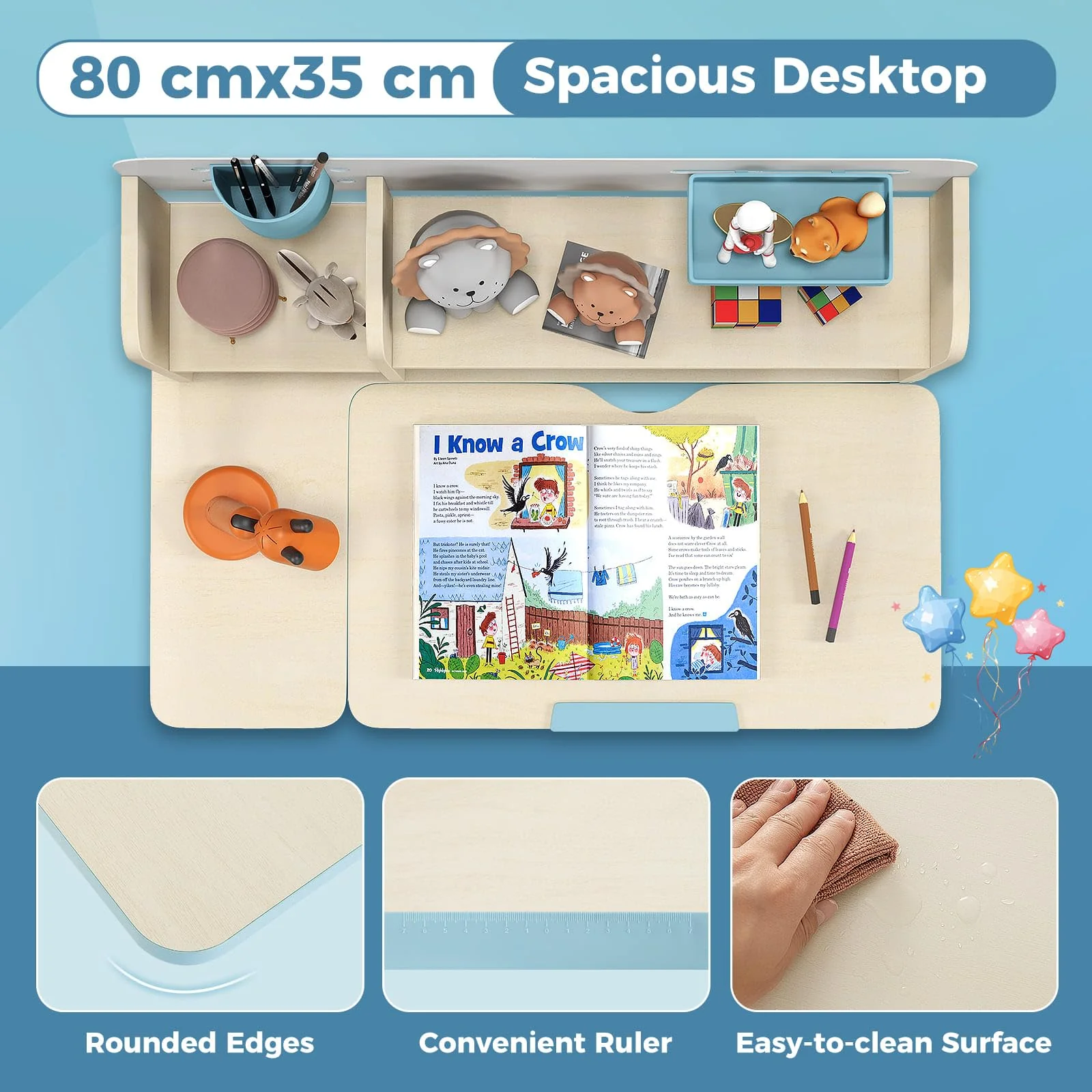 HONEY JOY Kids Study Desk, Height Adjustable Children Writing Table w/Tilt Desktop, Home School Student Learning Desk w/Hutch - Image 7