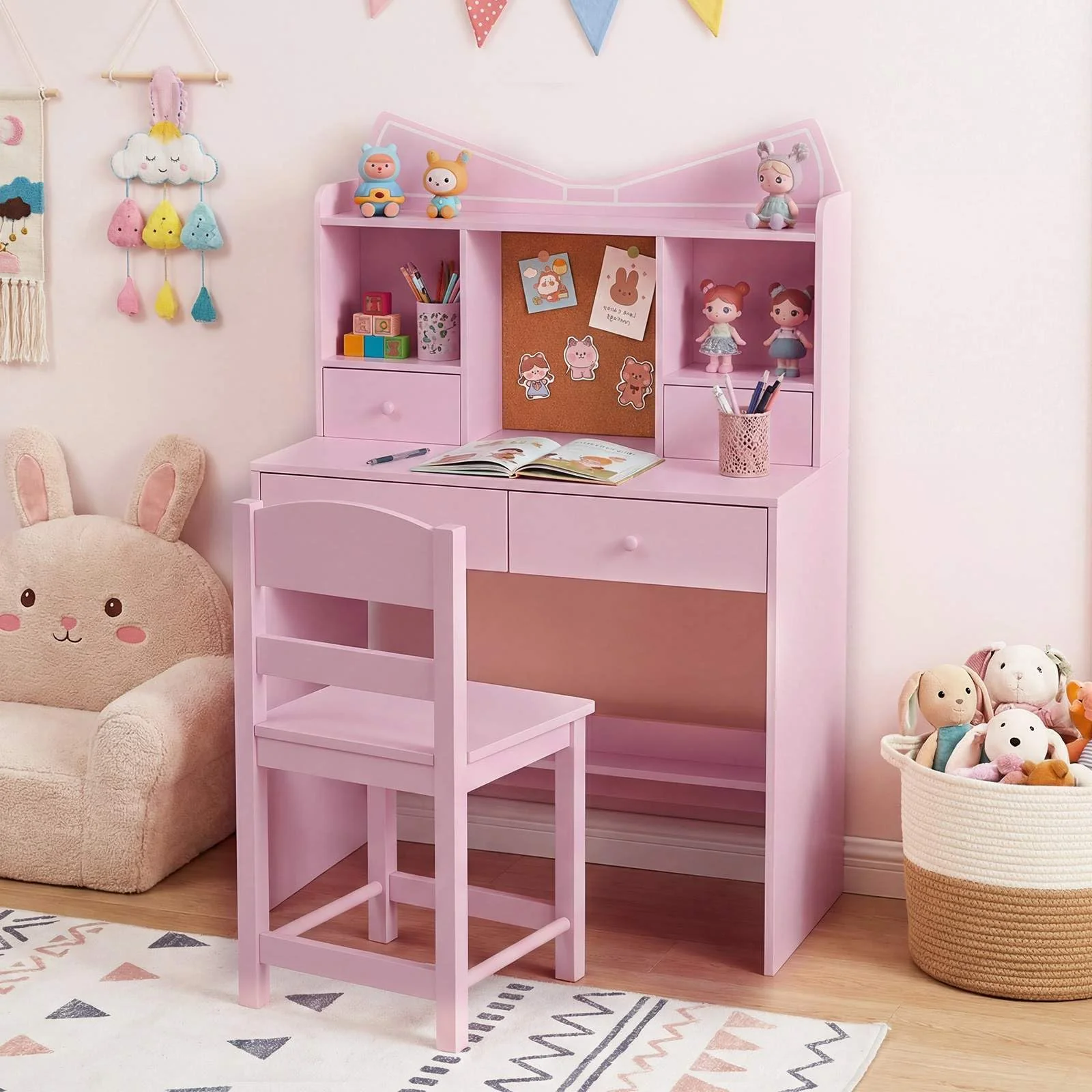 HONEY JOY Kids Study Desk with Chair, Children Writing Table and Chair Set with Open Storage Shelves