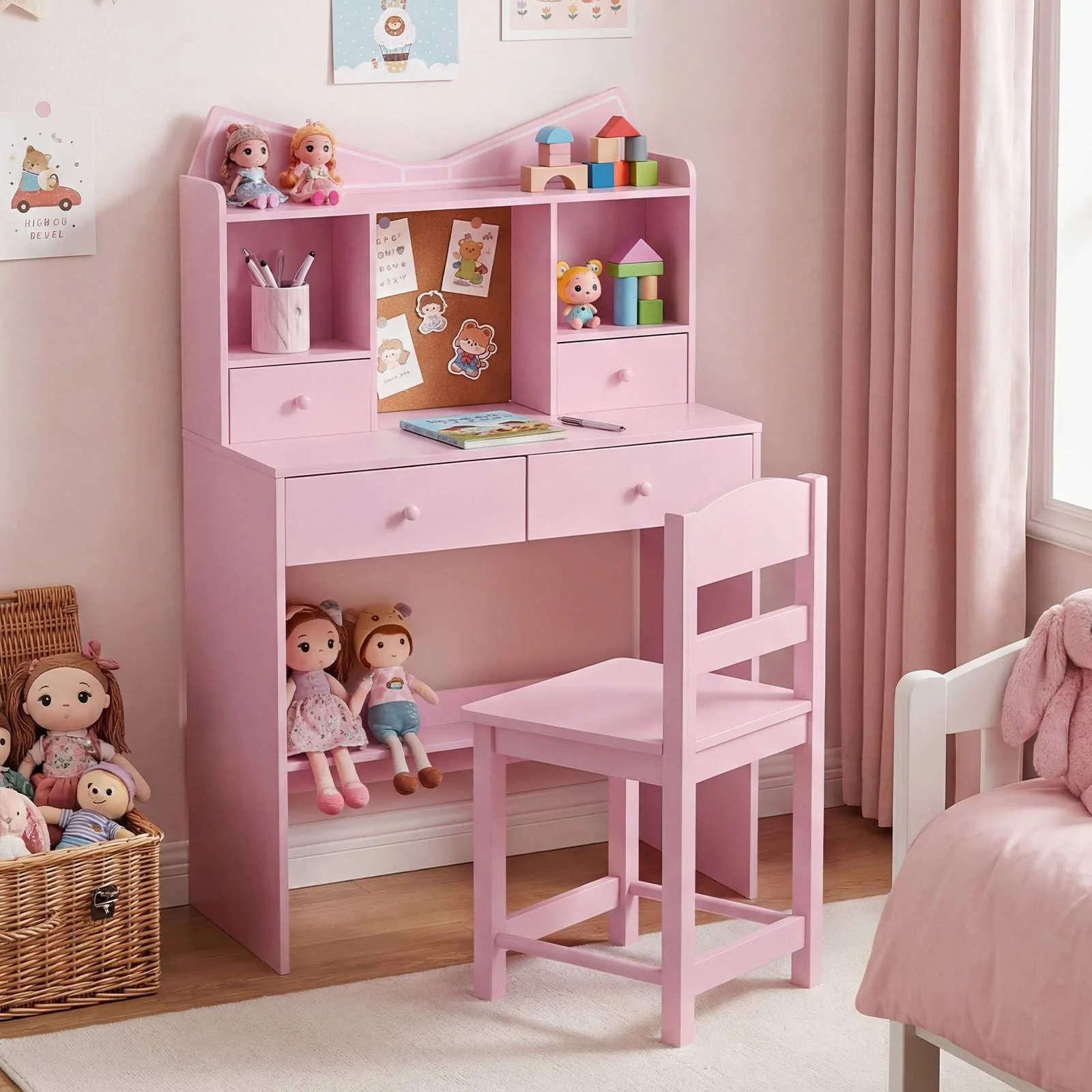 HONEY JOY Kids Study Desk with Chair, Children Writing Table and Chair Set with Open Storage Shelves - Image 2