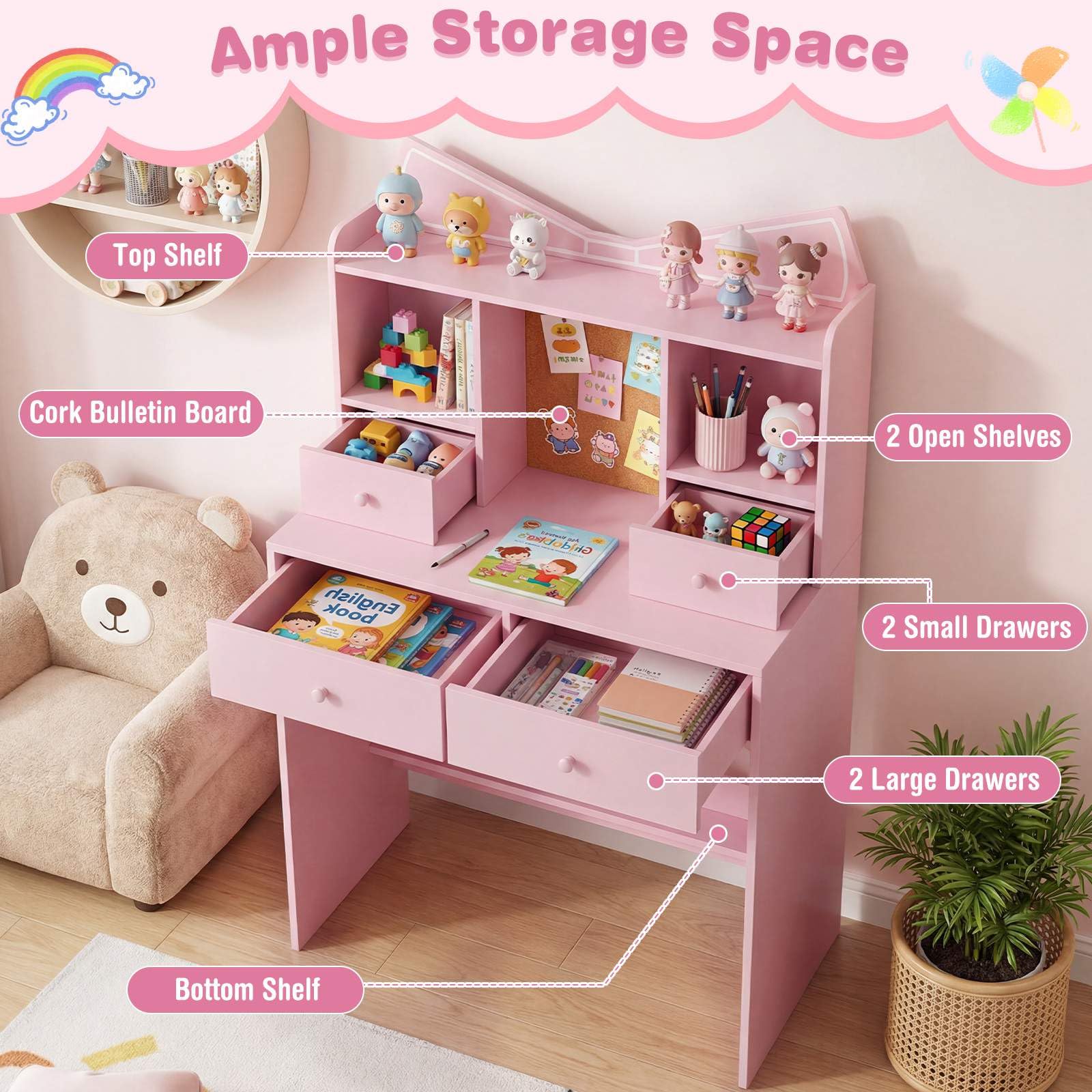 HONEY JOY Kids Study Desk with Chair, Children Writing Table and Chair Set with Open Storage Shelves - Image 5