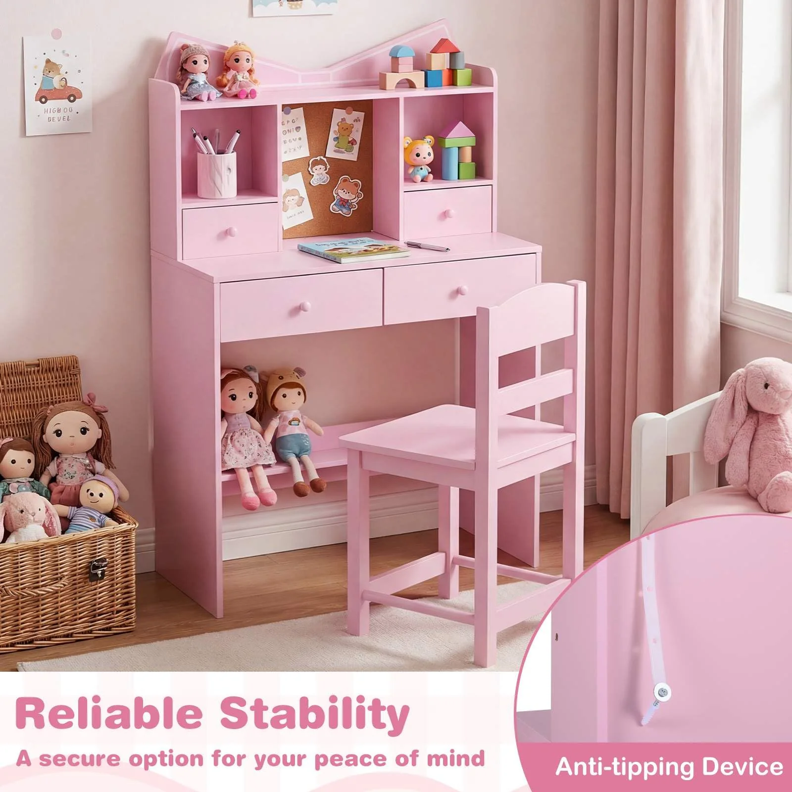 HONEY JOY Kids Study Desk with Chair, Children Writing Table and Chair Set with Open Storage Shelves - Image 6