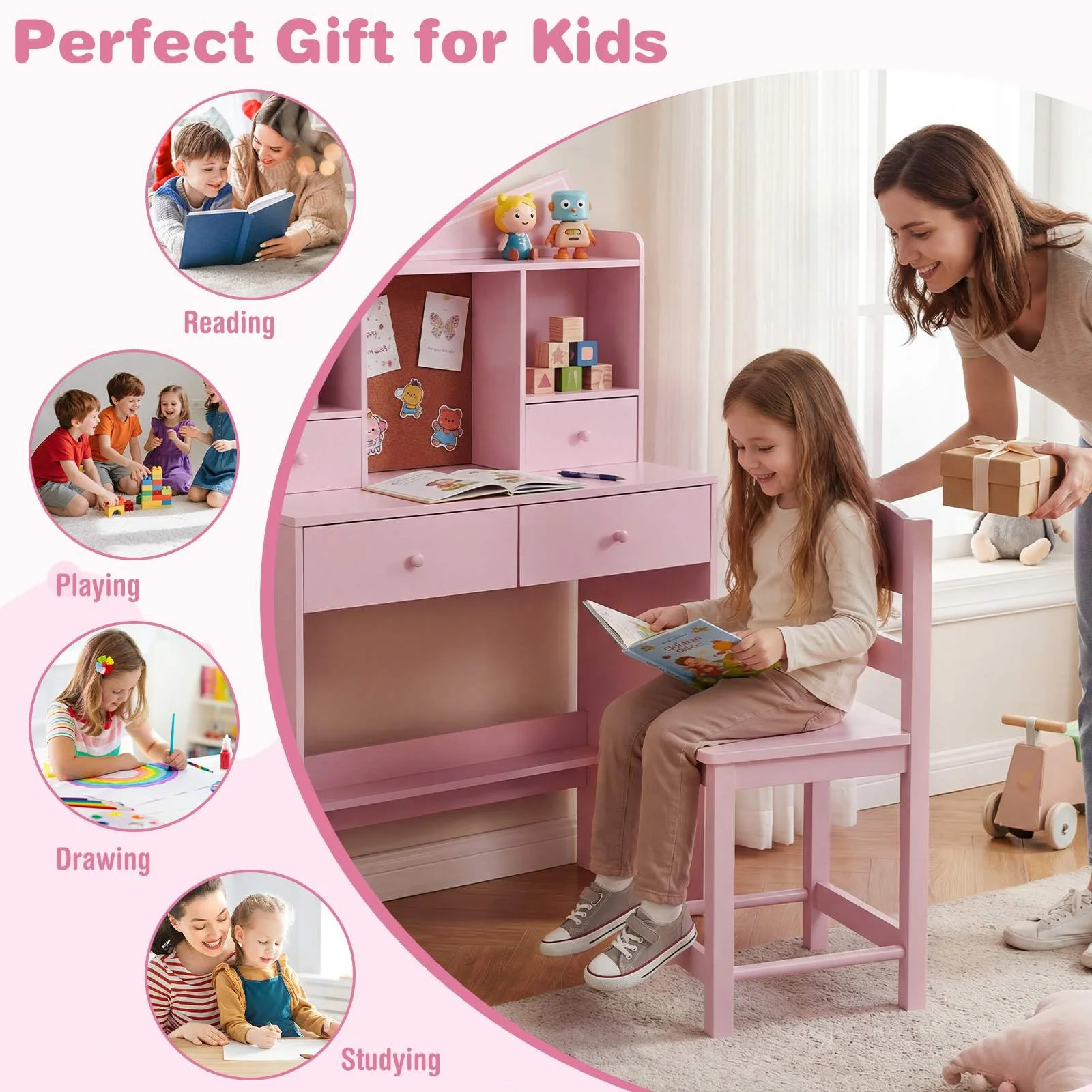 HONEY JOY Kids Study Desk with Chair, Children Writing Table and Chair Set with Open Storage Shelves - Image 8