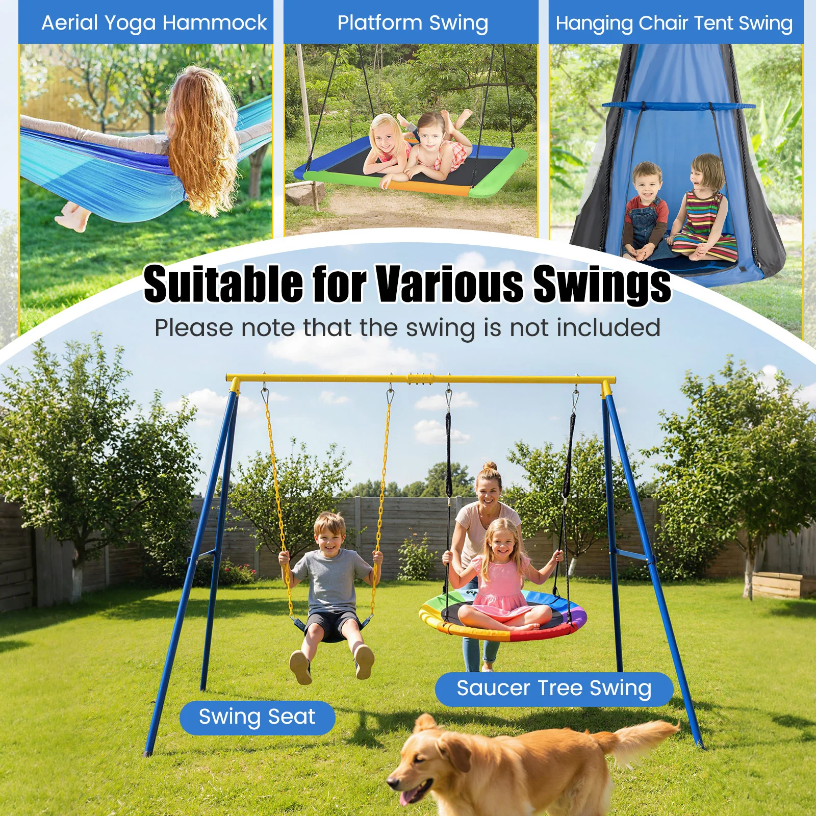 HONEY JOY Kids Swing Set, A-Frame Swing Stand with 2-Pack Swing Sets, 300 kg Weight Capacity Swing Sets - Image 6