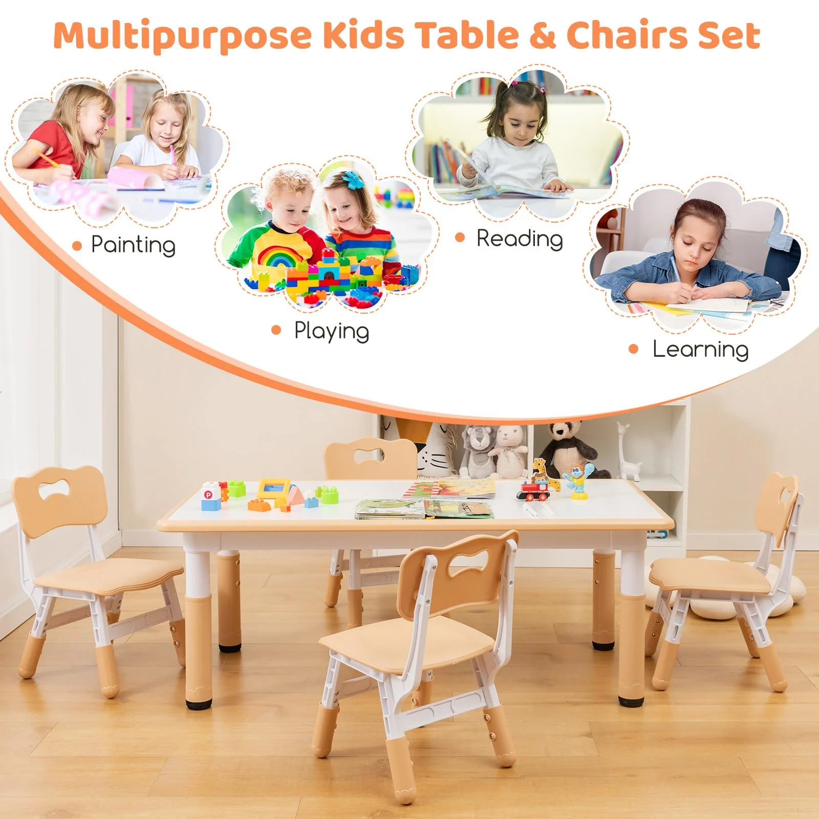 HONEY JOY Kids Table and 4 Chairs Set, Height Adjustable Toddler Desk & Chairs for 3+ Years, Arts Crafts Table w/Graffiti Desktop - Image 5