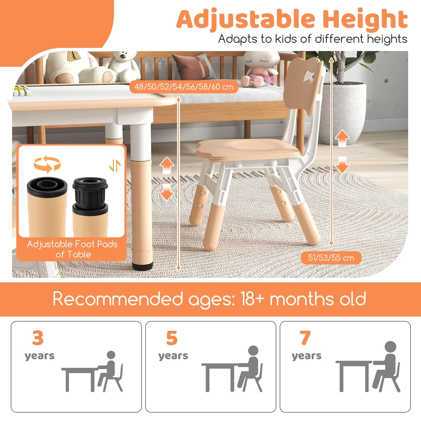 HONEY JOY Kids Table and 4 Chairs Set, Height Adjustable Toddler Desk & Chairs for 3+ Years, Arts Crafts Table w/Graffiti Desktop - Image 7
