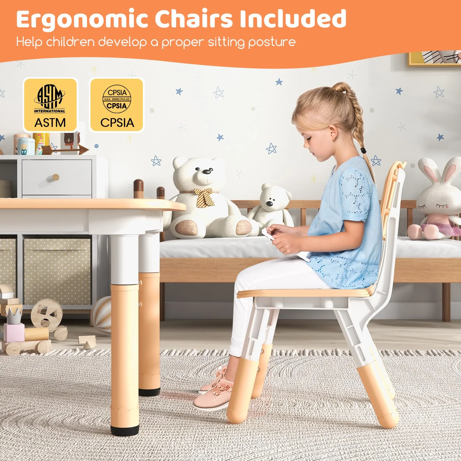 HONEY JOY Kids Table and 4 Chairs Set, Height Adjustable Toddler Desk & Chairs for 3+ Years, Arts Crafts Table w/Graffiti Desktop - Image 8