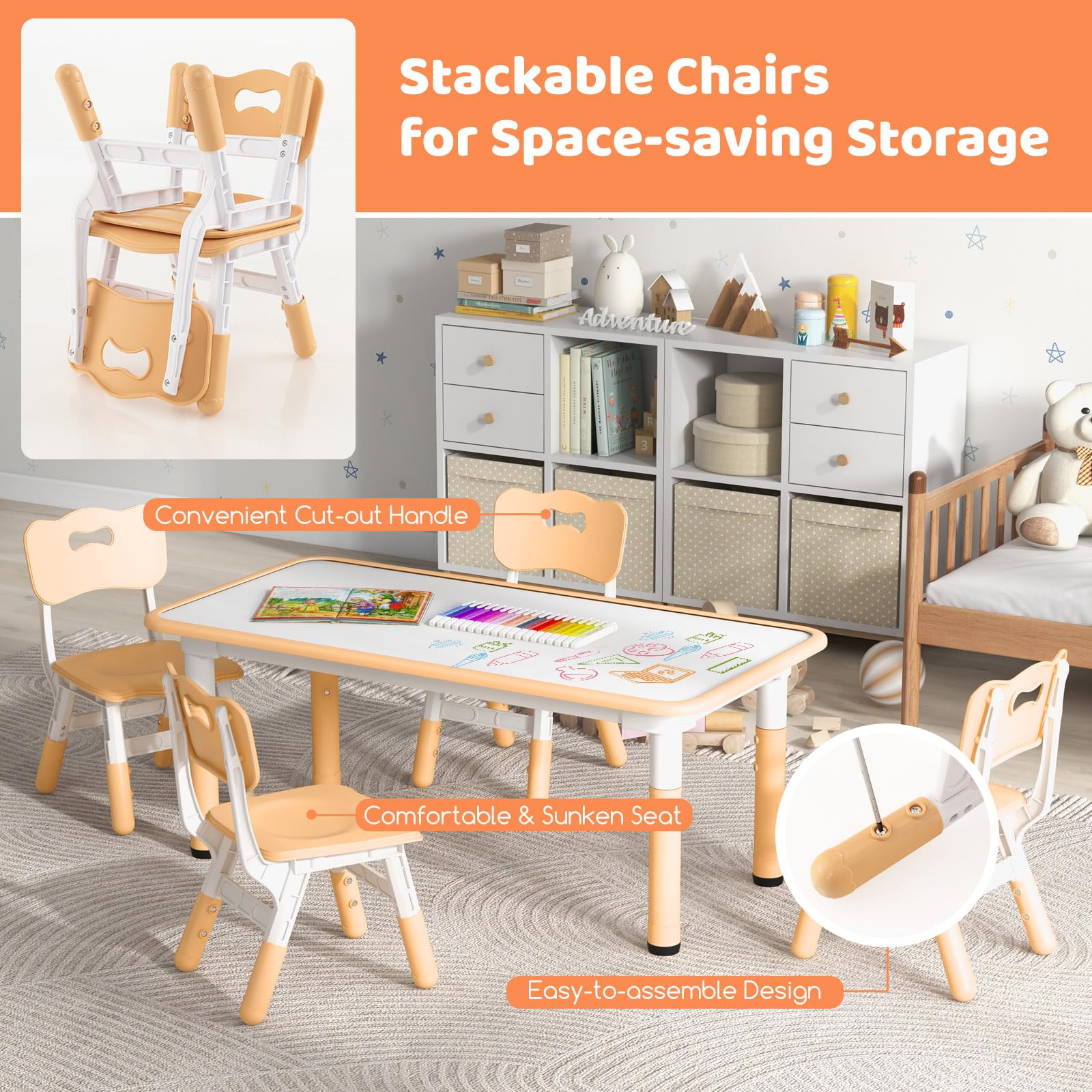 HONEY JOY Kids Table and 4 Chairs Set, Height Adjustable Toddler Desk & Chairs for 3+ Years, Arts Crafts Table w/Graffiti Desktop - Image 9