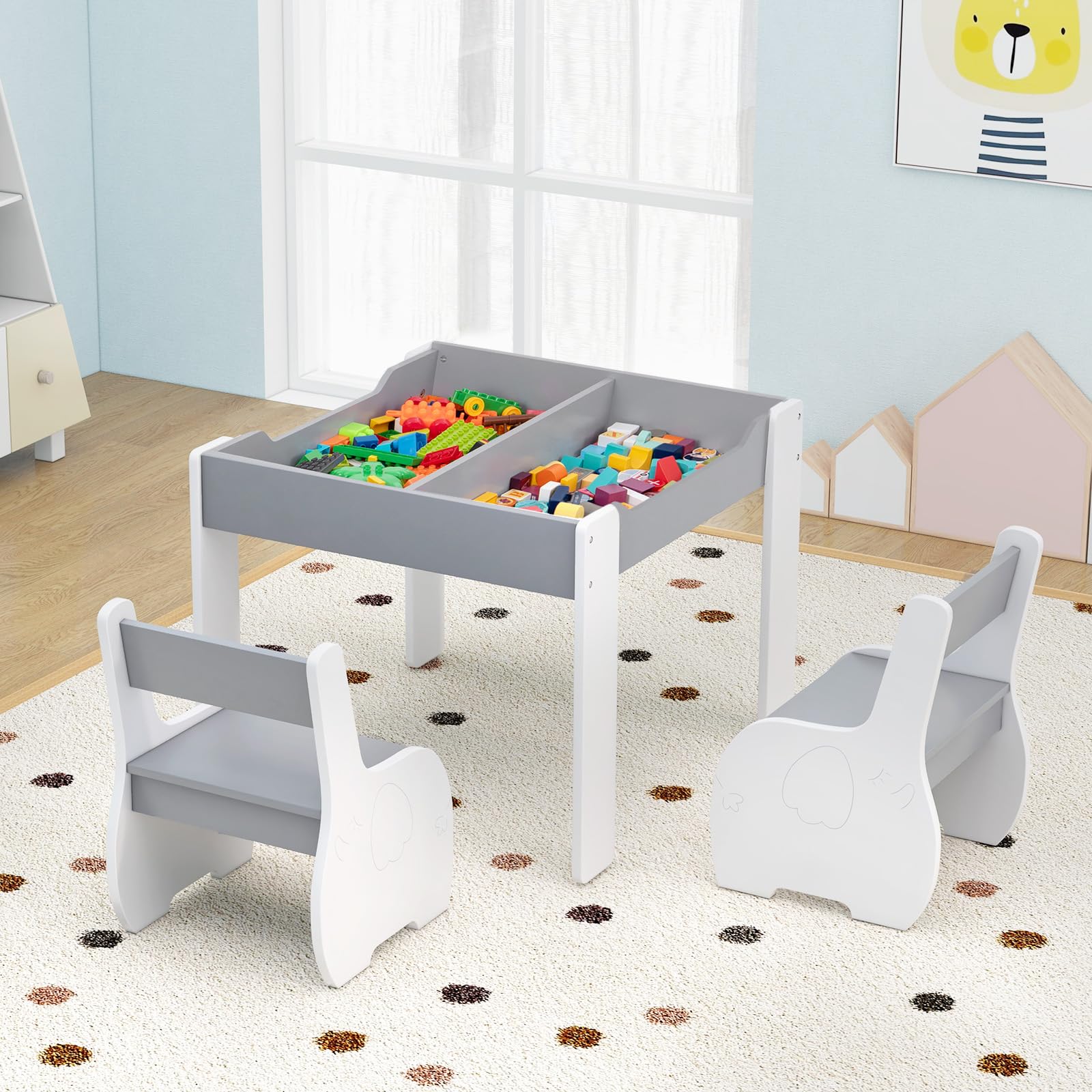 HONEY JOY Kids Table and Chair Set, 3-in-1 Wooden Activity Table and 2 Chairs for Drawing, Studying - Image 11