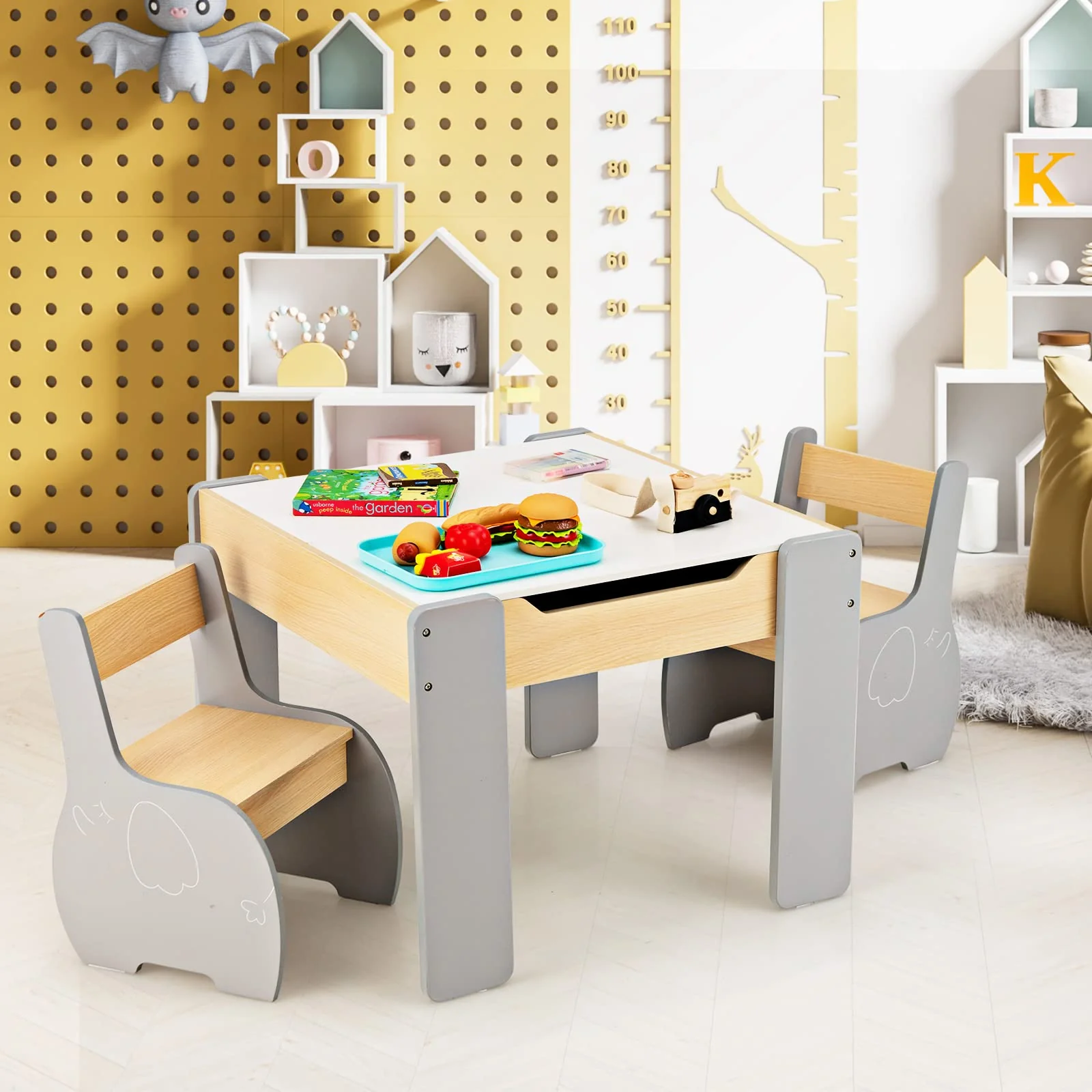 HONEY JOY Kids Table and Chair Set, 3-in-1 Wooden Activity Table and 2 Chairs for Drawing, Studying - Image 2