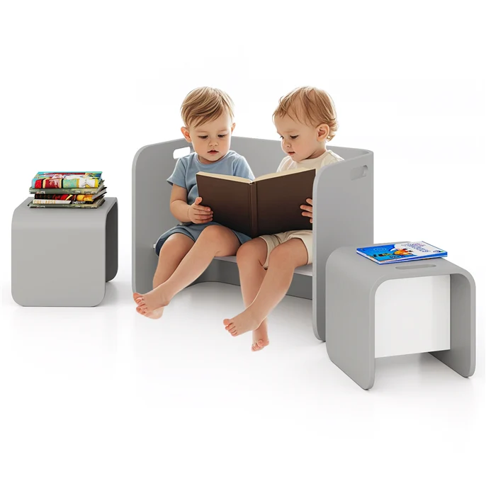 HONEY JOY Kids Table and Chair Set, 3 Pieces Wooden Activity Table Bench w/Storage Shelves - Image 10