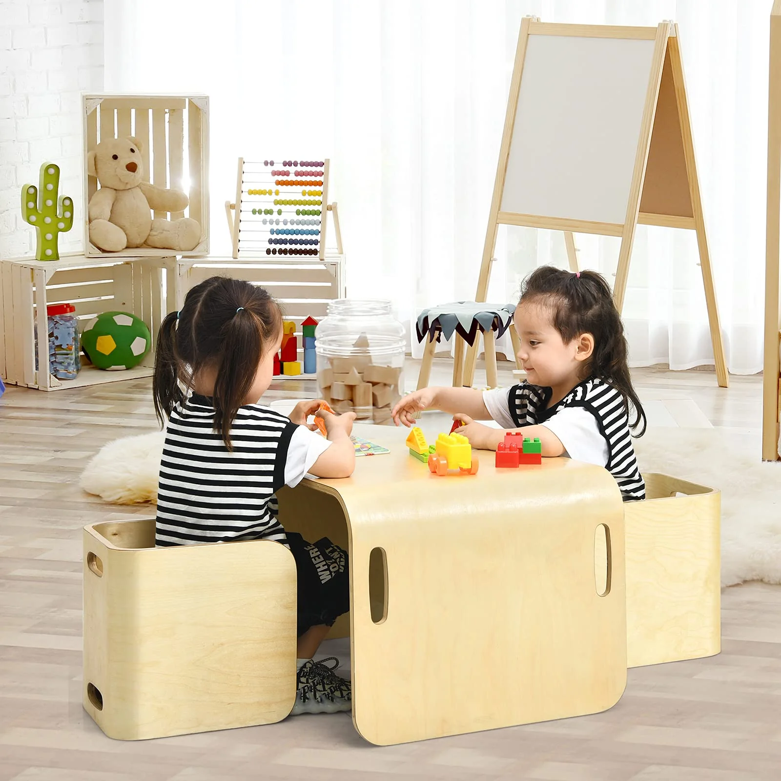 HONEY JOY Kids Table and Chair Set, 3 Pieces Wooden Activity Table Bench w/Storage Shelves - Image 2