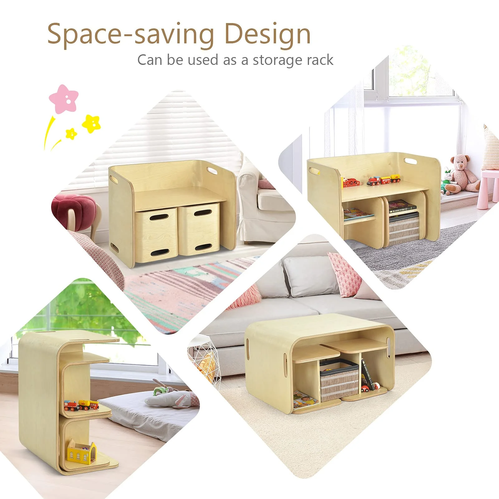 HONEY JOY Kids Table and Chair Set, 3 Pieces Wooden Activity Table Bench w/Storage Shelves - Image 3