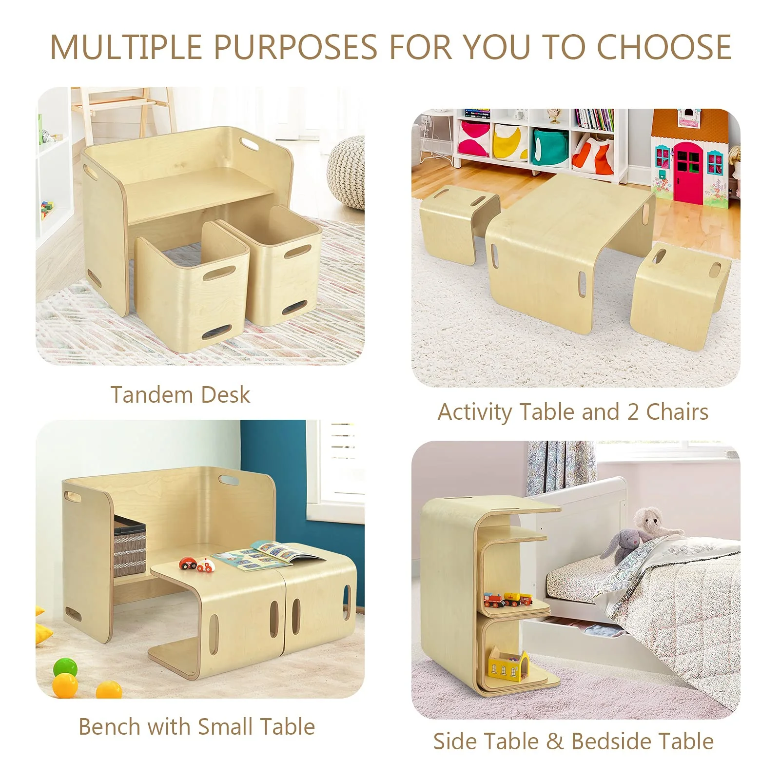 HONEY JOY Kids Table and Chair Set, 3 Pieces Wooden Activity Table Bench w/Storage Shelves - Image 5