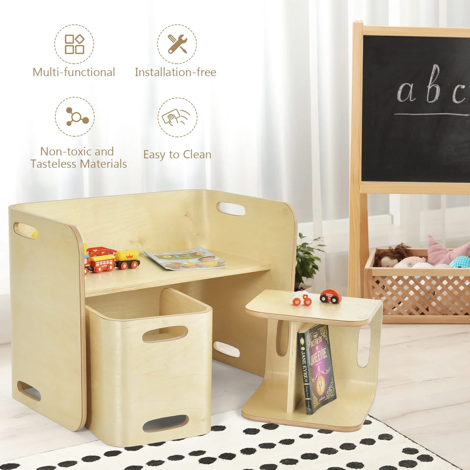 HONEY JOY Kids Table and Chair Set, 3 Pieces Wooden Activity Table Bench w/Storage Shelves - Image 7
