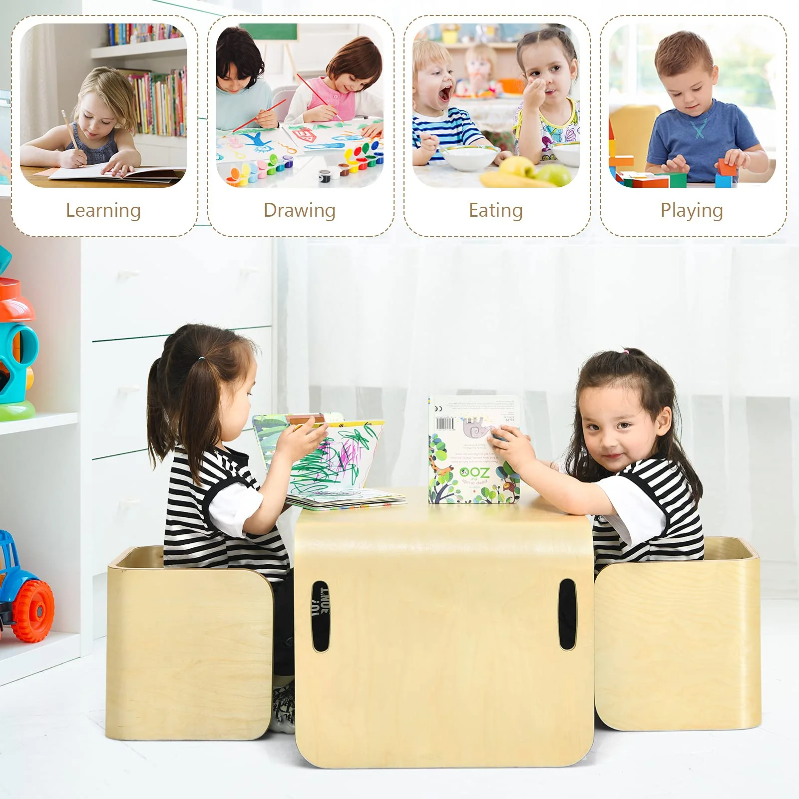 HONEY JOY Kids Table and Chair Set, 3 Pieces Wooden Activity Table Bench w/Storage Shelves - Image 8