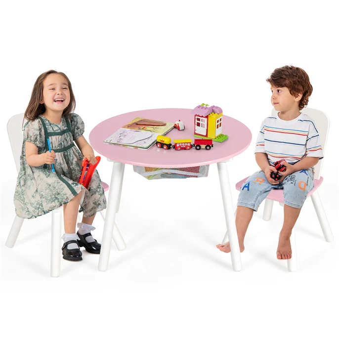 HONEY JOY Kids Table and Chair Set, 3PC Wood Activity Table w/Center Mesh Storage, White - Image 10
