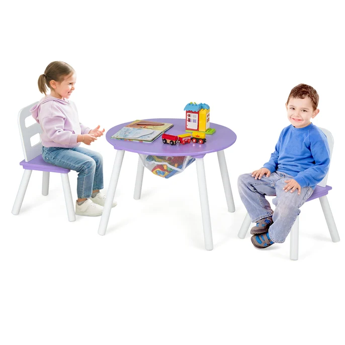 HONEY JOY Kids Table and Chair Set, 3PC Wood Activity Table w/Center Mesh Storage, White - Image 11