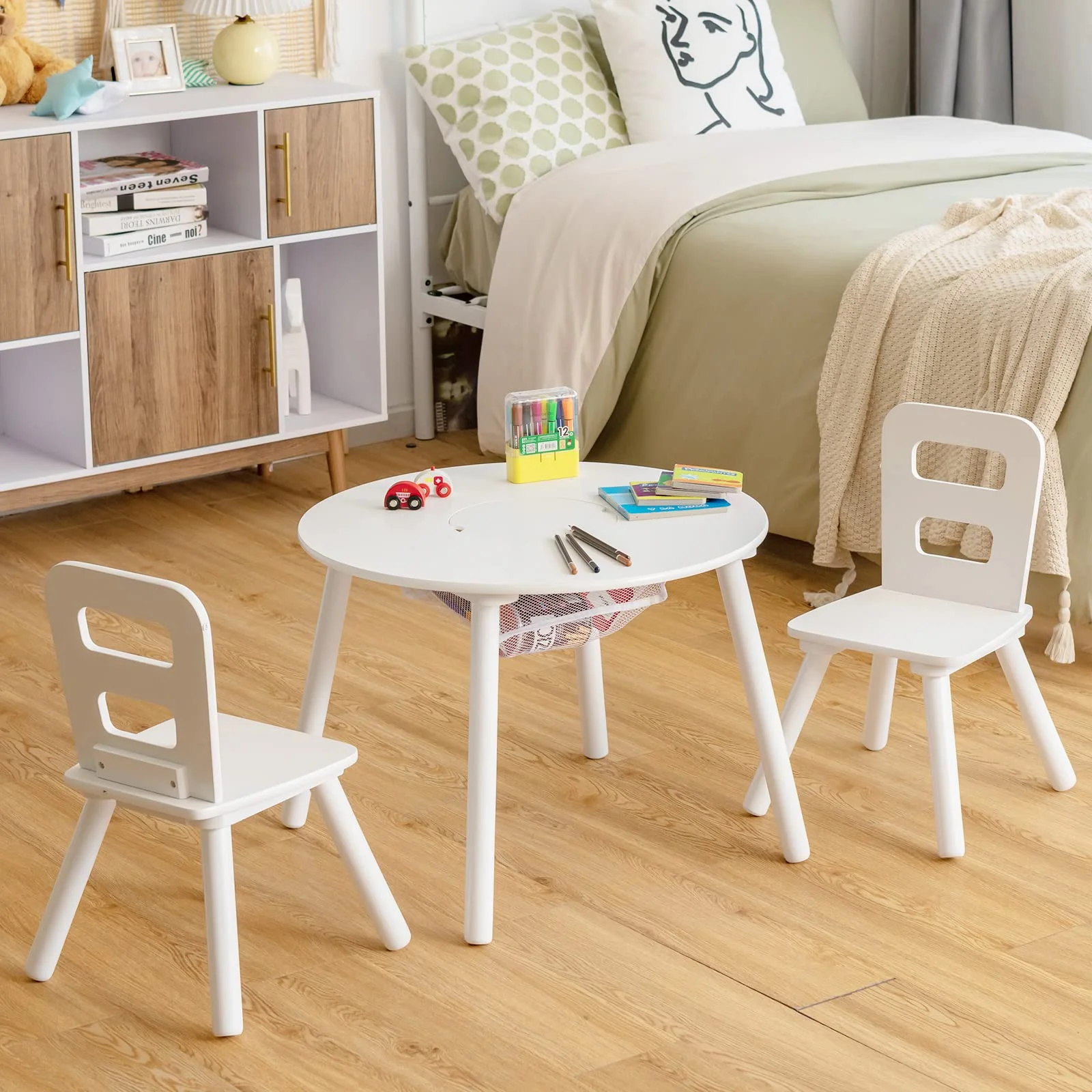 HONEY JOY Kids Table and Chair Set, 3PC Wood Activity Table w/Center Mesh Storage, White - Image 2