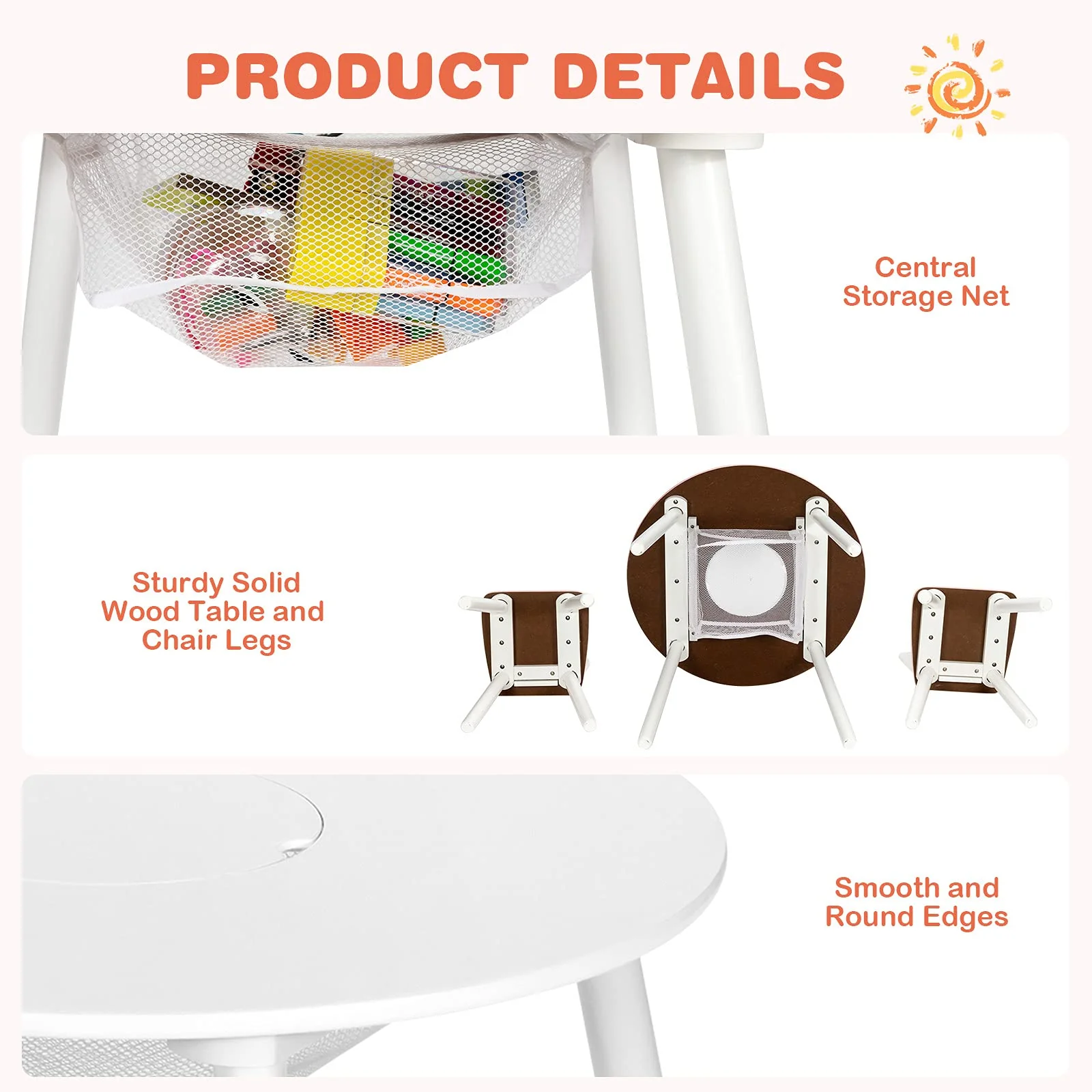 HONEY JOY Kids Table and Chair Set, 3PC Wood Activity Table w/Center Mesh Storage, White - Image 3