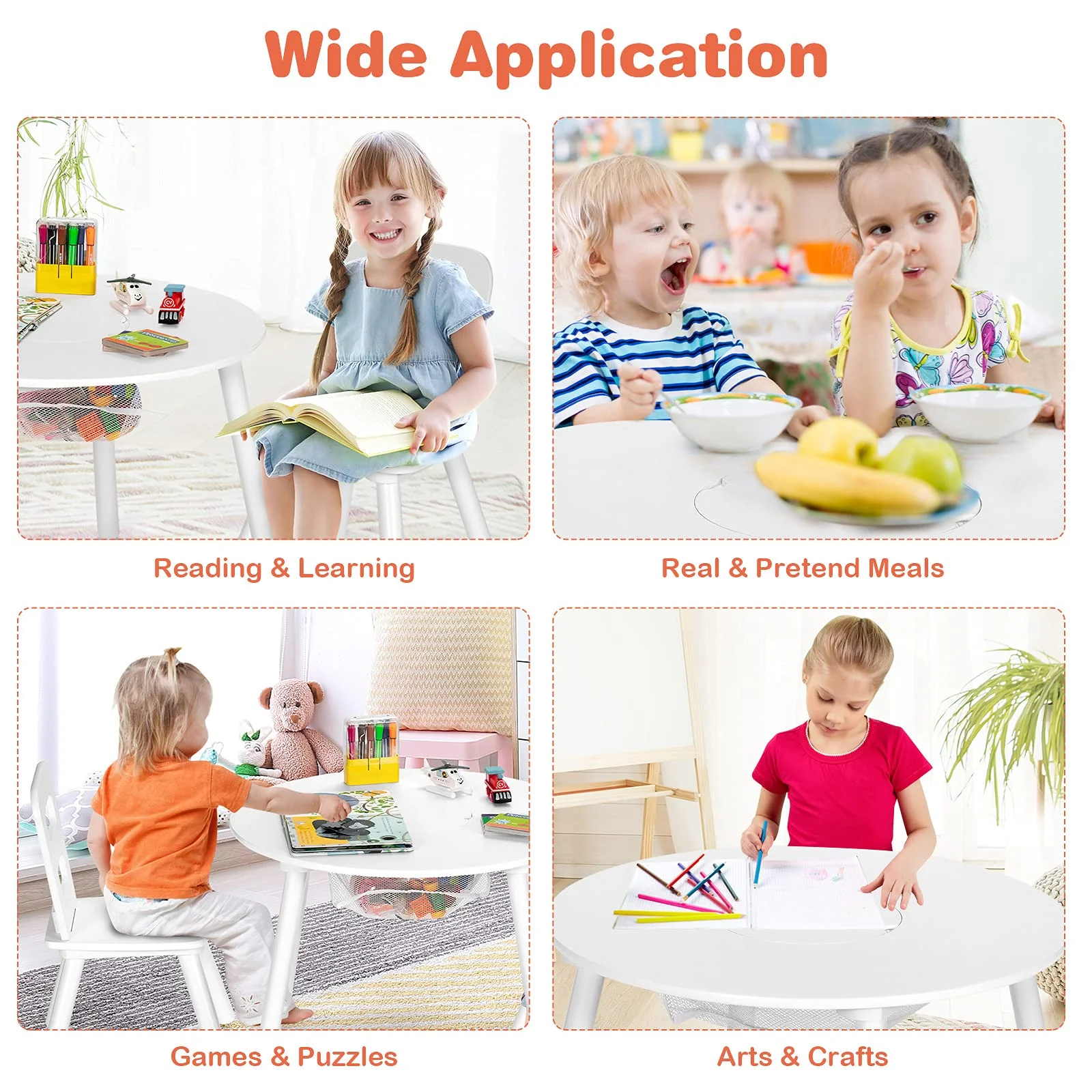 HONEY JOY Kids Table and Chair Set, 3PC Wood Activity Table w/Center Mesh Storage, White - Image 4