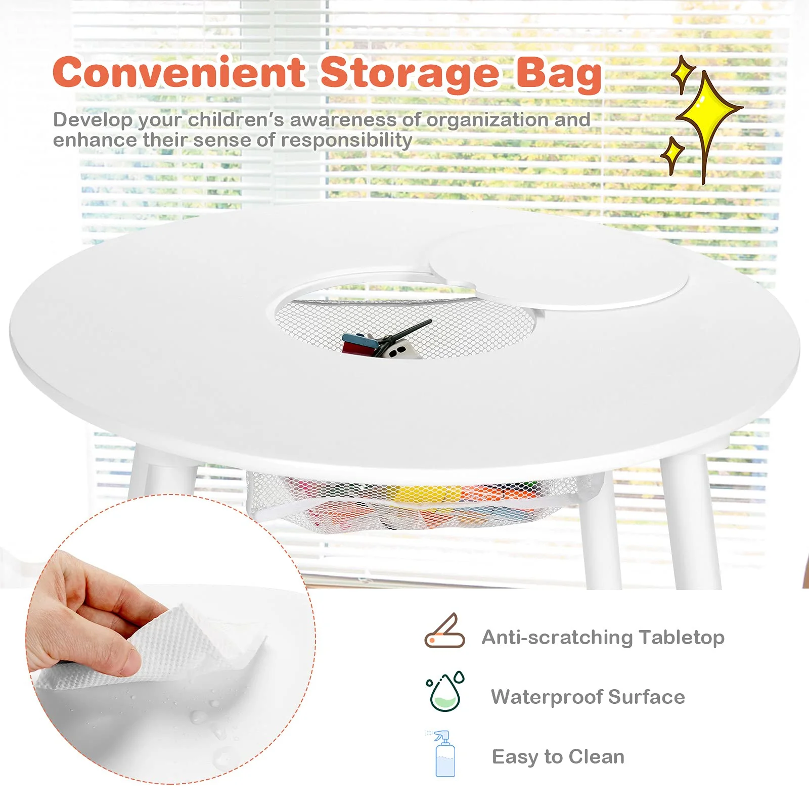 HONEY JOY Kids Table and Chair Set, 3PC Wood Activity Table w/Center Mesh Storage, White - Image 5