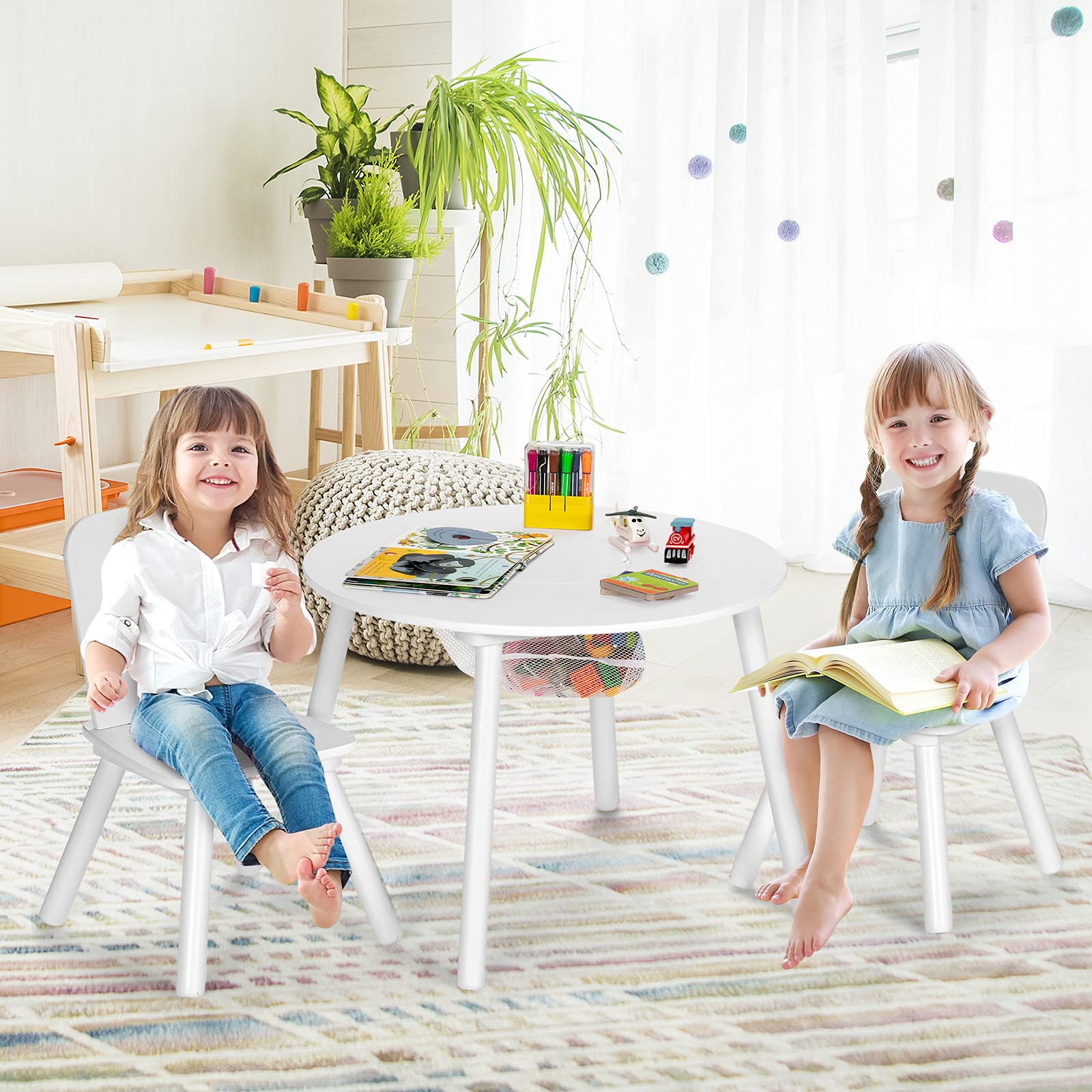 HONEY JOY Kids Table and Chair Set, 3PC Wood Activity Table w/Center Mesh Storage, White - Image 6