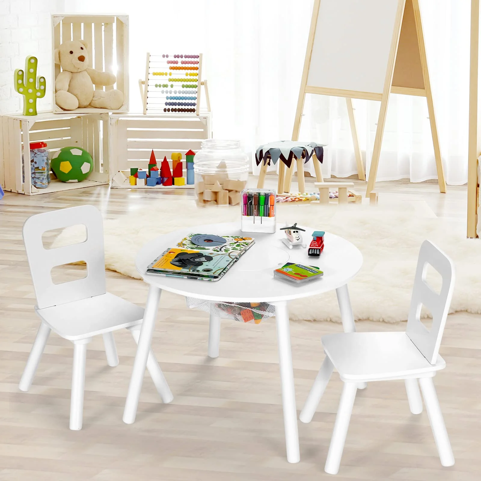 HONEY JOY Kids Table and Chair Set, 3PC Wood Activity Table w/Center Mesh Storage, White - Image 7