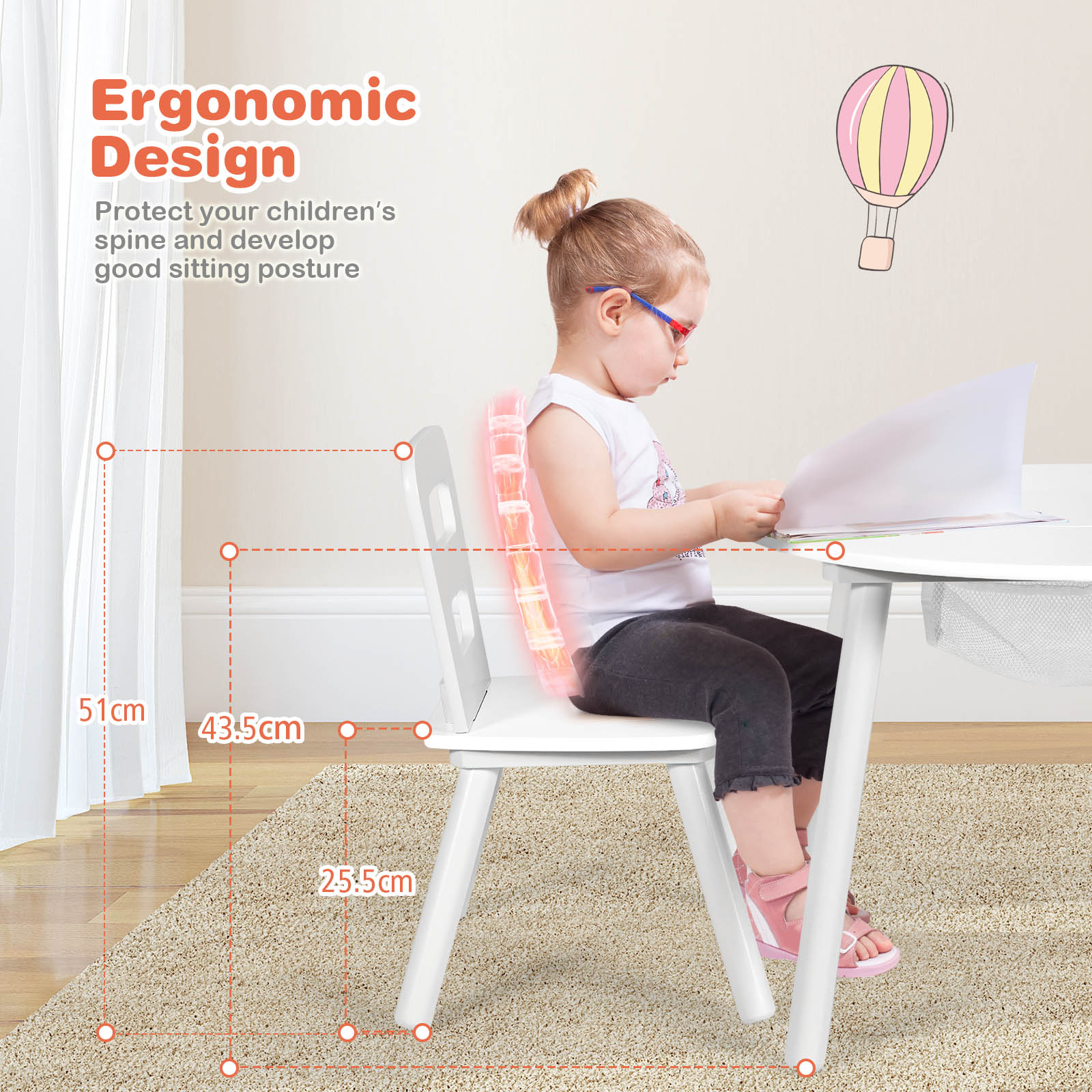 HONEY JOY Kids Table and Chair Set, 3PC Wood Activity Table w/Center Mesh Storage, White - Image 9