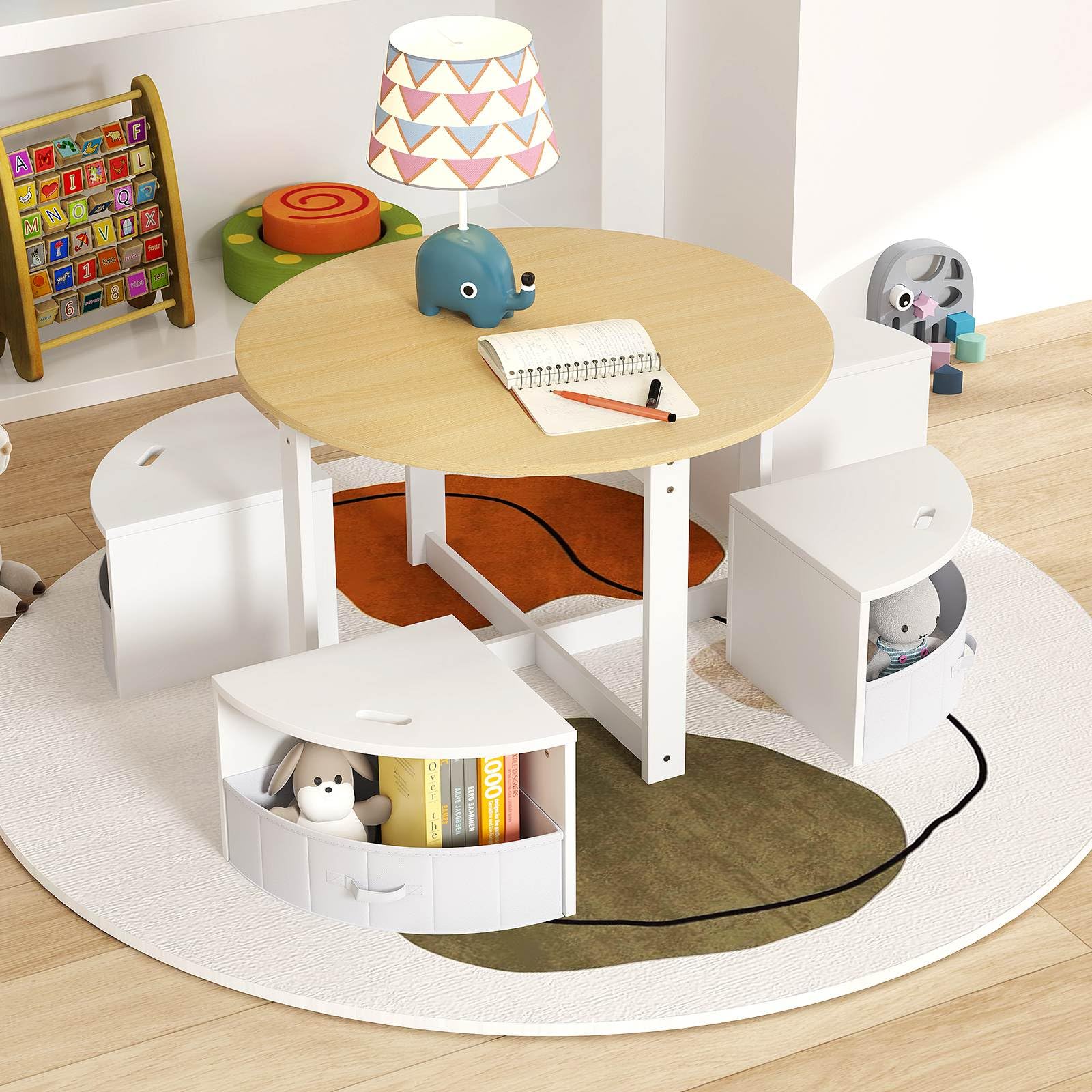 HONEY JOY Kids Table and Chair Set, 5 Piece Toddler Round Nesting Table with 4 Storage Stools for Activity - Image 2