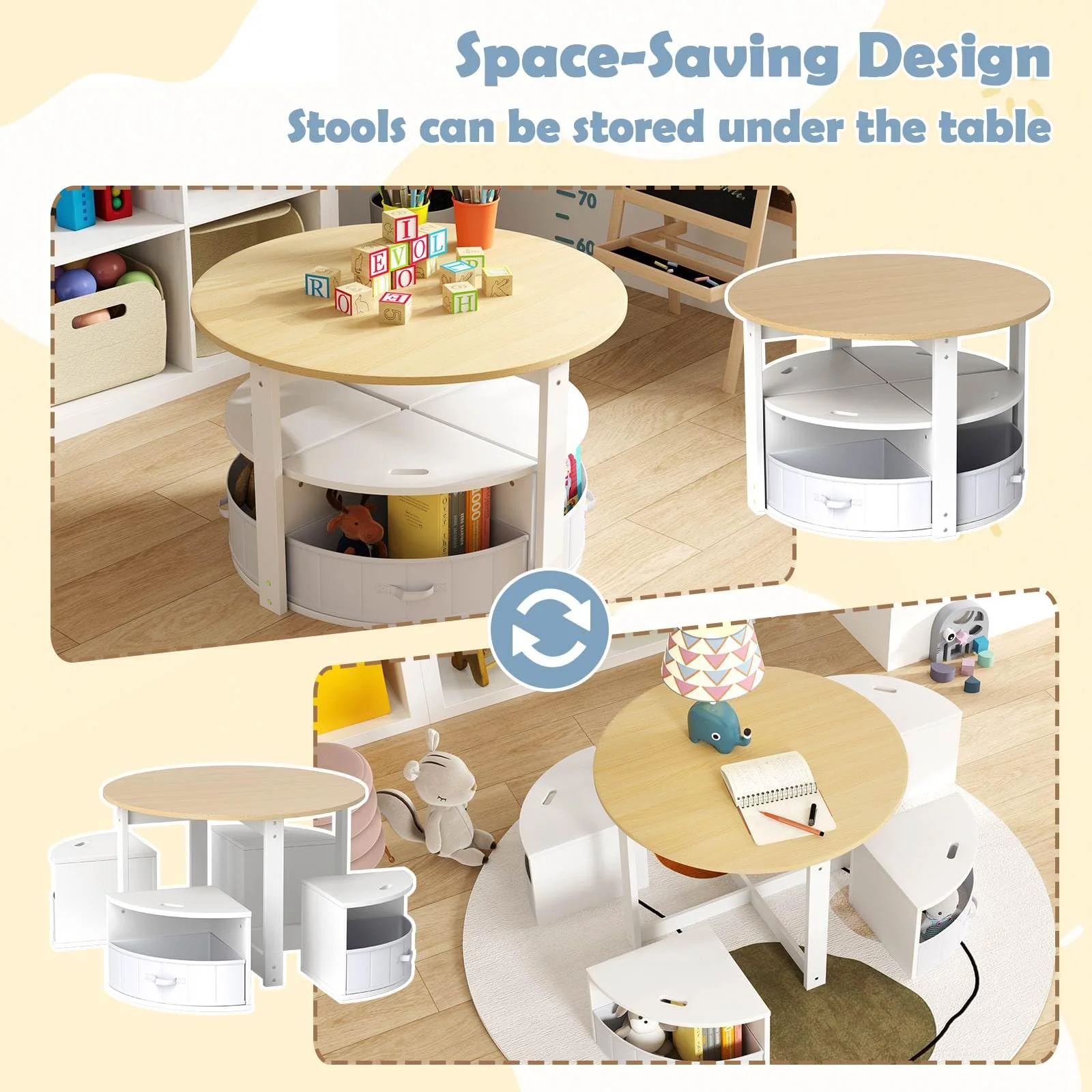 HONEY JOY Kids Table and Chair Set, 5 Piece Toddler Round Nesting Table with 4 Storage Stools for Activity - Image 4