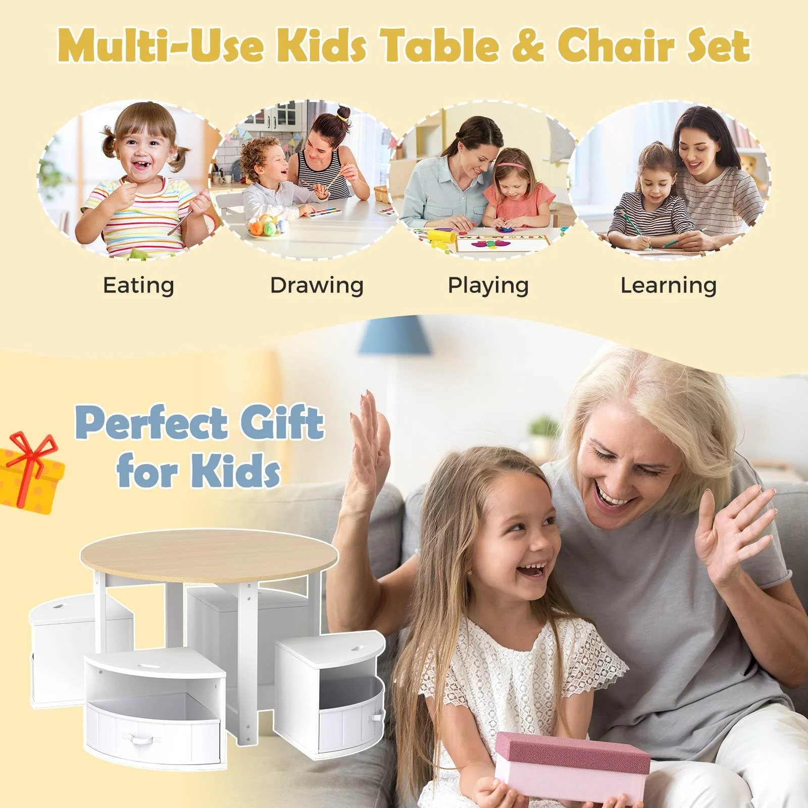 HONEY JOY Kids Table and Chair Set, 5 Piece Toddler Round Nesting Table with 4 Storage Stools for Activity - Image 5