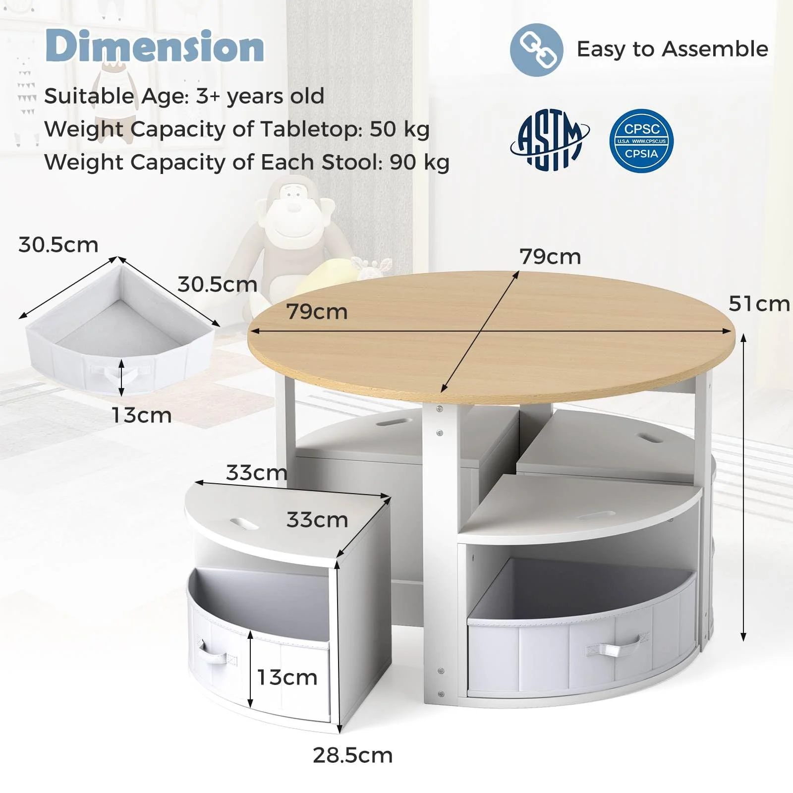 HONEY JOY Kids Table and Chair Set, 5 Piece Toddler Round Nesting Table with 4 Storage Stools for Activity - Image 7