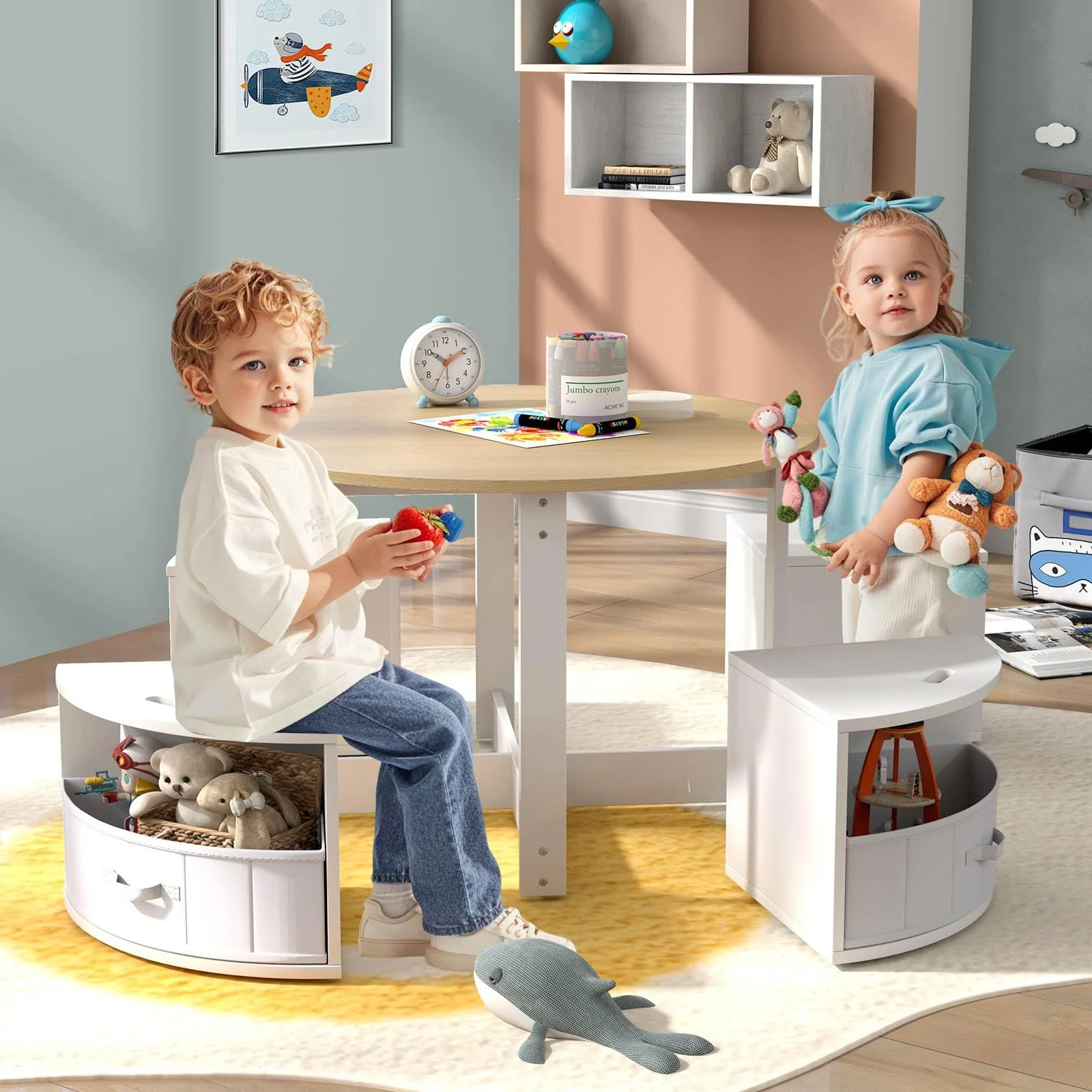 HONEY JOY Kids Table and Chair Set, 5 Piece Toddler Round Nesting Table with 4 Storage Stools for Activity - Image 8