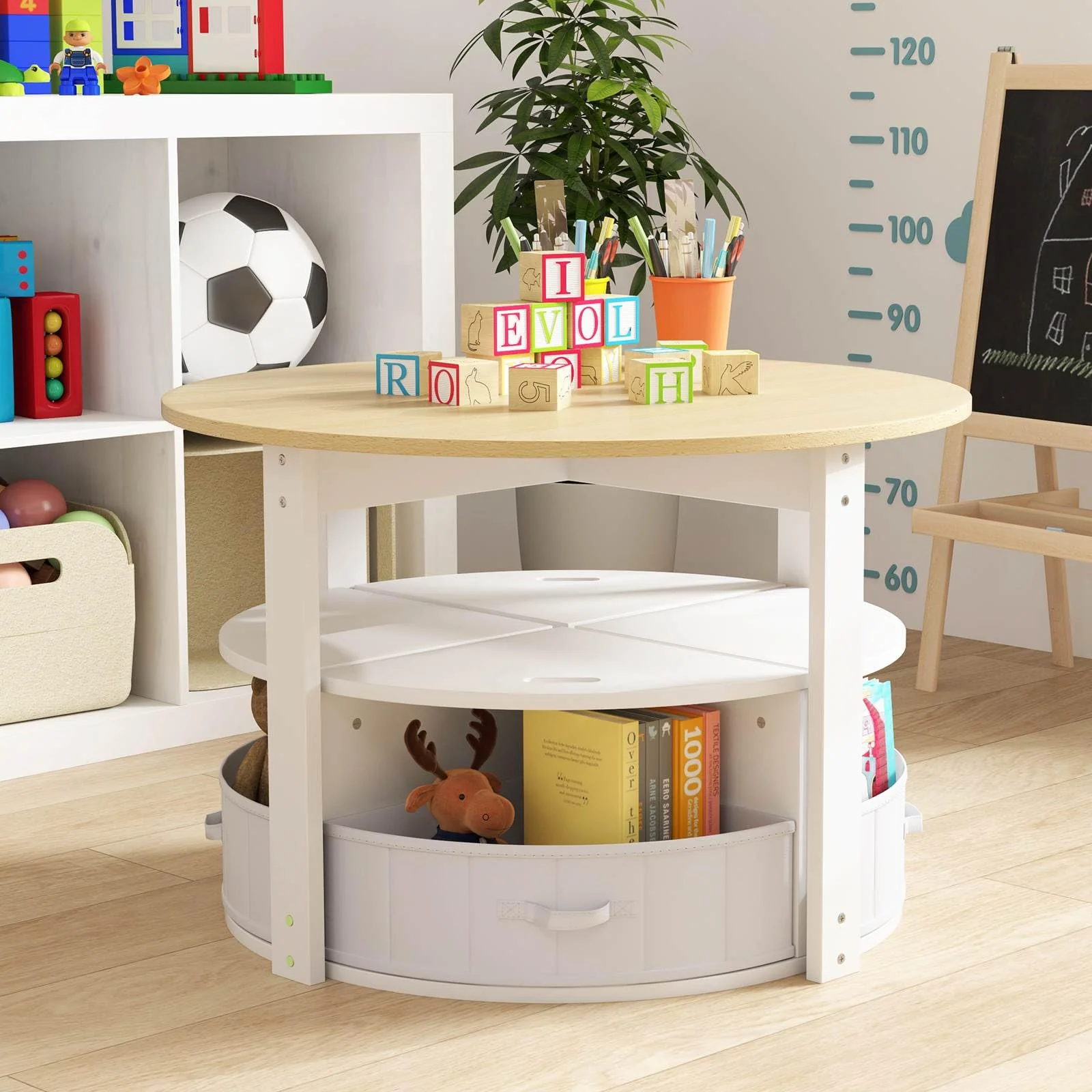 HONEY JOY Kids Table and Chair Set, 5 Piece Toddler Round Nesting Table with 4 Storage Stools for Activity - Image 9