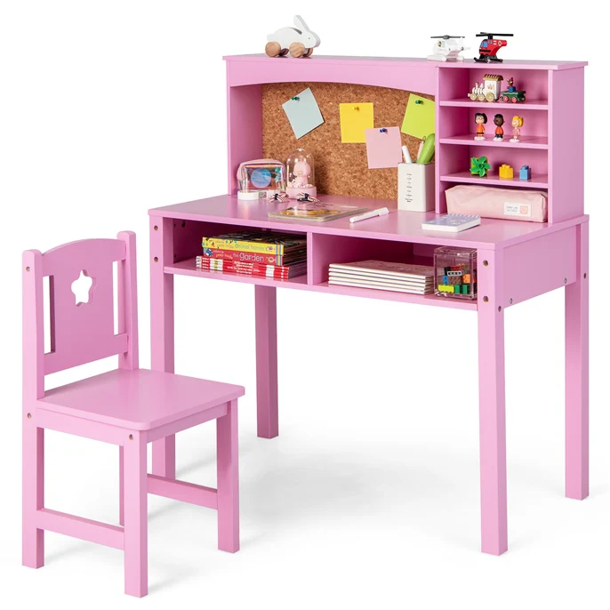 HONEY JOY Kids Table and Chair Set, Students Study Desk w/Chair, Hutch, Cork Bulletin Board, Bookshelf & Drawers - Image 10