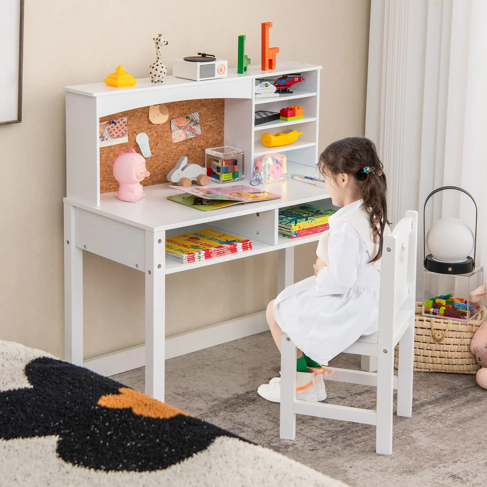 HONEY JOY Kids Table and Chair Set, Students Study Desk w/Chair, Hutch, Cork Bulletin Board, Bookshelf & Drawers - Image 2