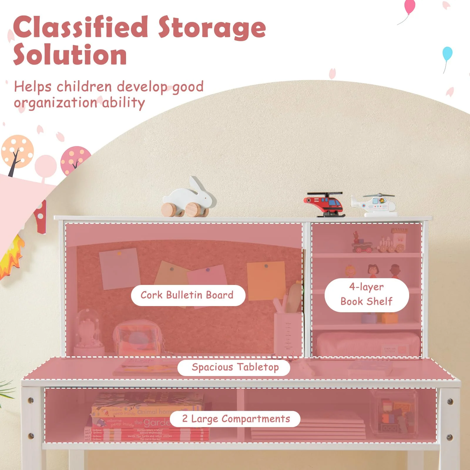 HONEY JOY Kids Table and Chair Set, Students Study Desk w/Chair, Hutch, Cork Bulletin Board, Bookshelf & Drawers - Image 4