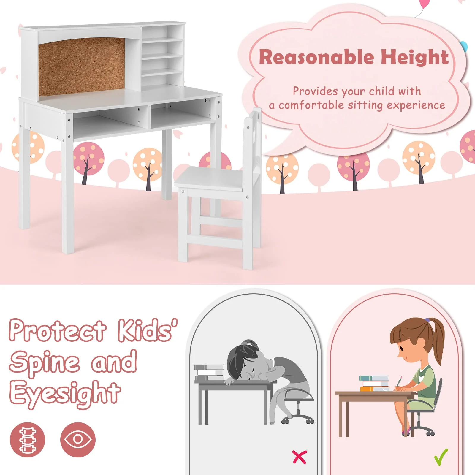 HONEY JOY Kids Table and Chair Set, Students Study Desk w/Chair, Hutch, Cork Bulletin Board, Bookshelf & Drawers - Image 5