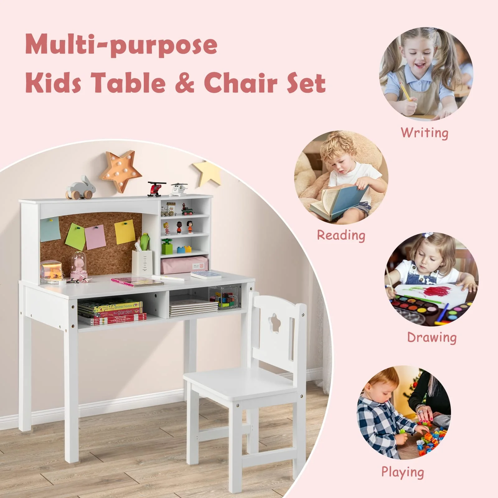HONEY JOY Kids Table and Chair Set, Students Study Desk w/Chair, Hutch, Cork Bulletin Board, Bookshelf & Drawers - Image 7