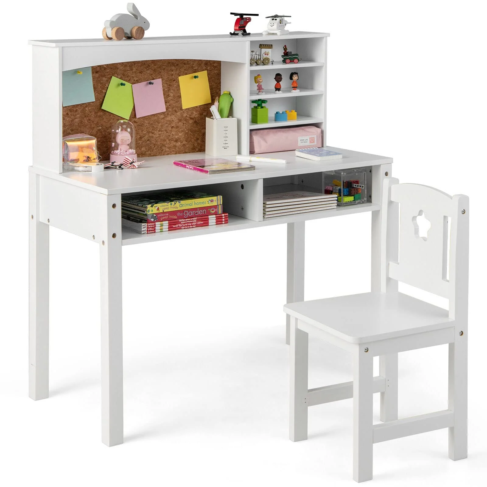 HONEY JOY Kids Table and Chair Set, Students Study Desk w/Chair, Hutch, Cork Bulletin Board, Bookshelf & Drawers - Image 9