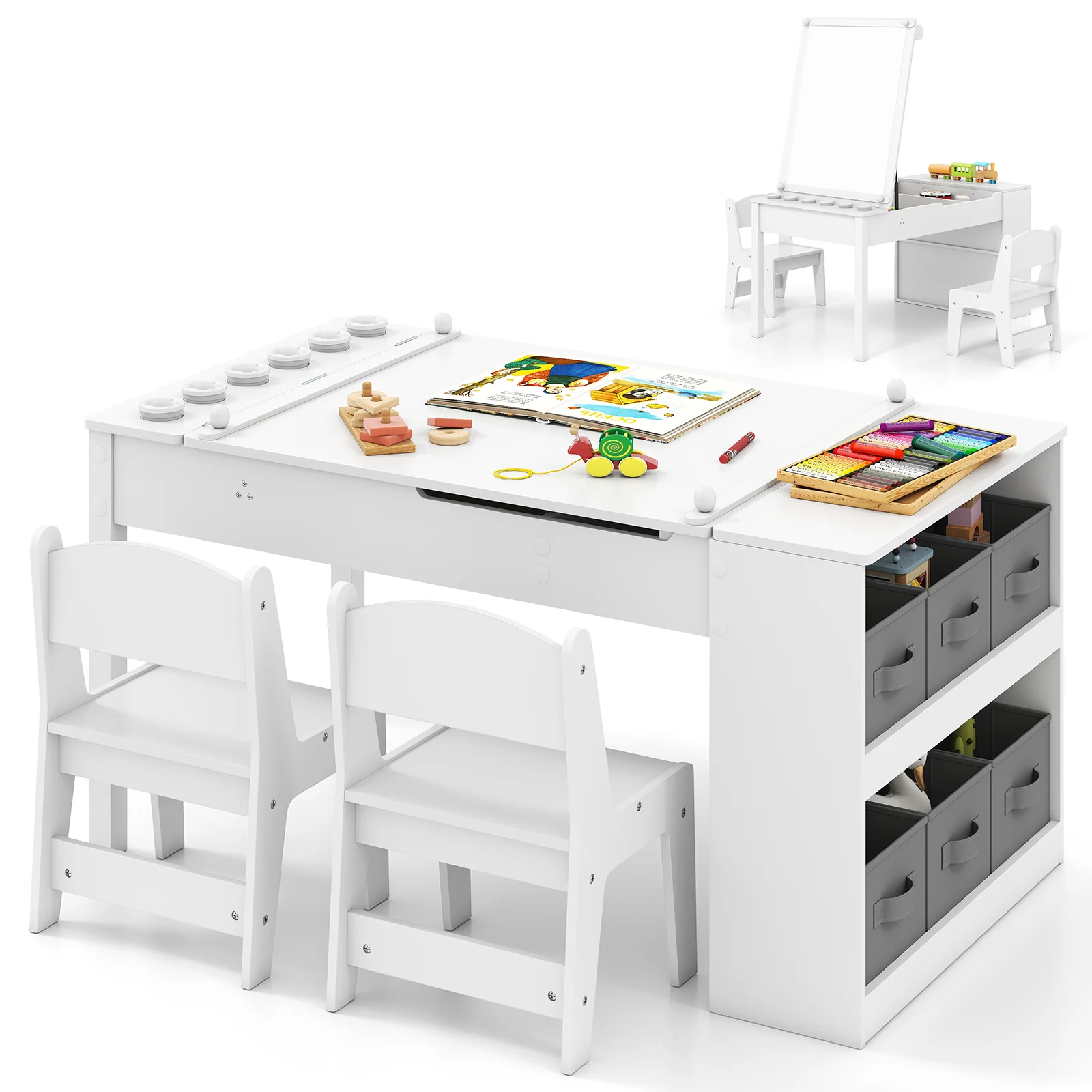 HONEY JOY Kids Table and Chairs Set, 2 in 1 Wooden Art Table & Easel Set for Children with 2 Chairs, 6 Storage Bins - Image 10