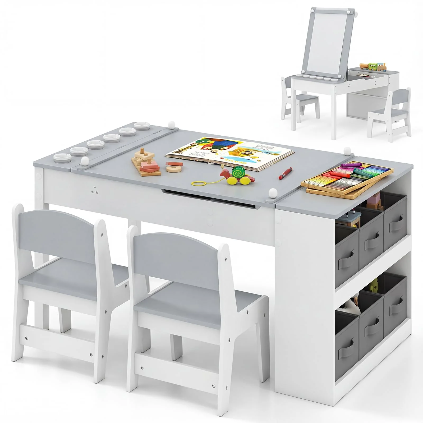 HONEY JOY Kids Table and Chairs Set, 2 in 1 Wooden Art Table & Easel Set for Children with 2 Chairs, 6 Storage Bins - Image 11