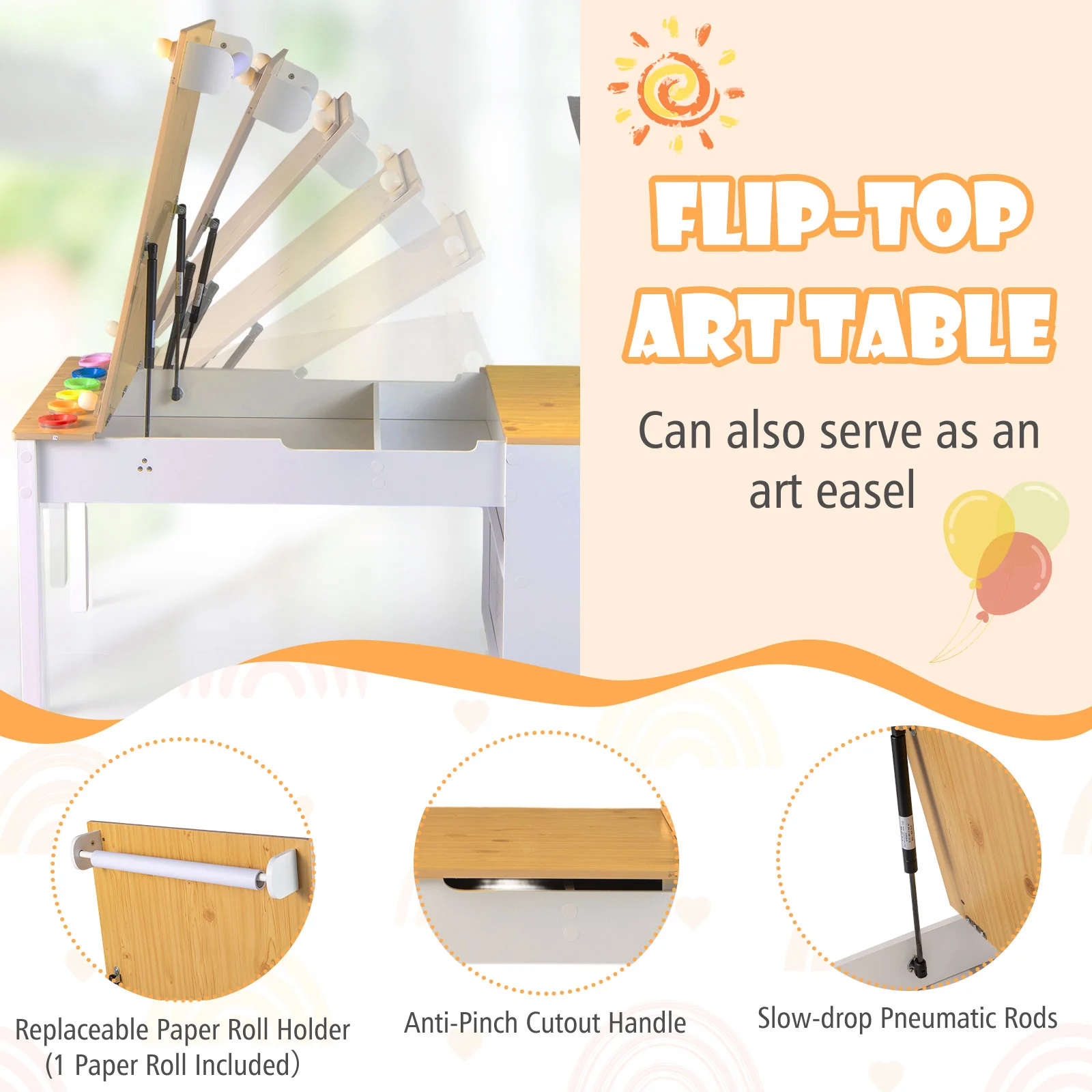 HONEY JOY Kids Table and Chairs Set, 2 in 1 Wooden Art Table & Easel Set for Children with 2 Chairs, 6 Storage Bins - Image 4