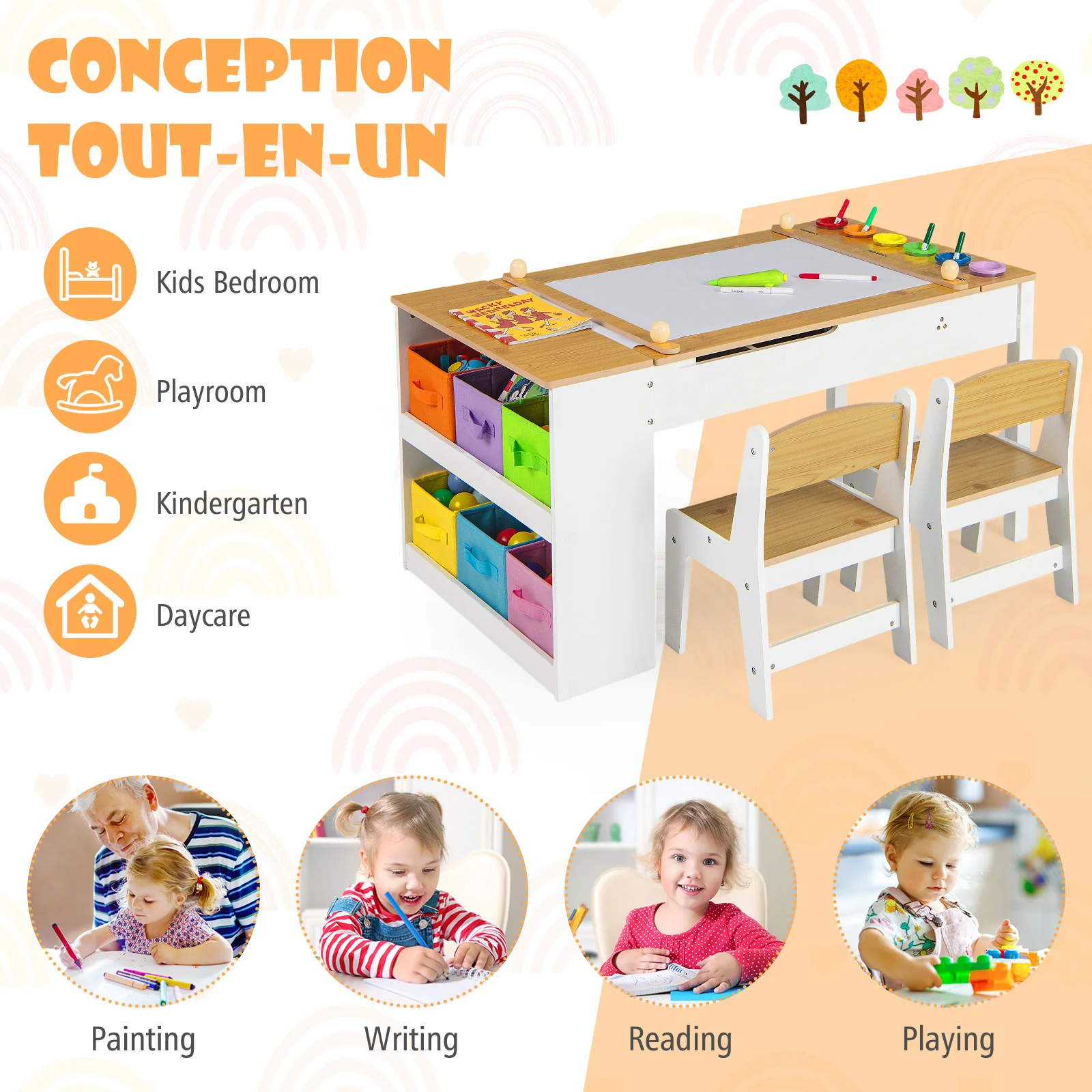HONEY JOY Kids Table and Chairs Set, 2 in 1 Wooden Art Table & Easel Set for Children with 2 Chairs, 6 Storage Bins - Image 6